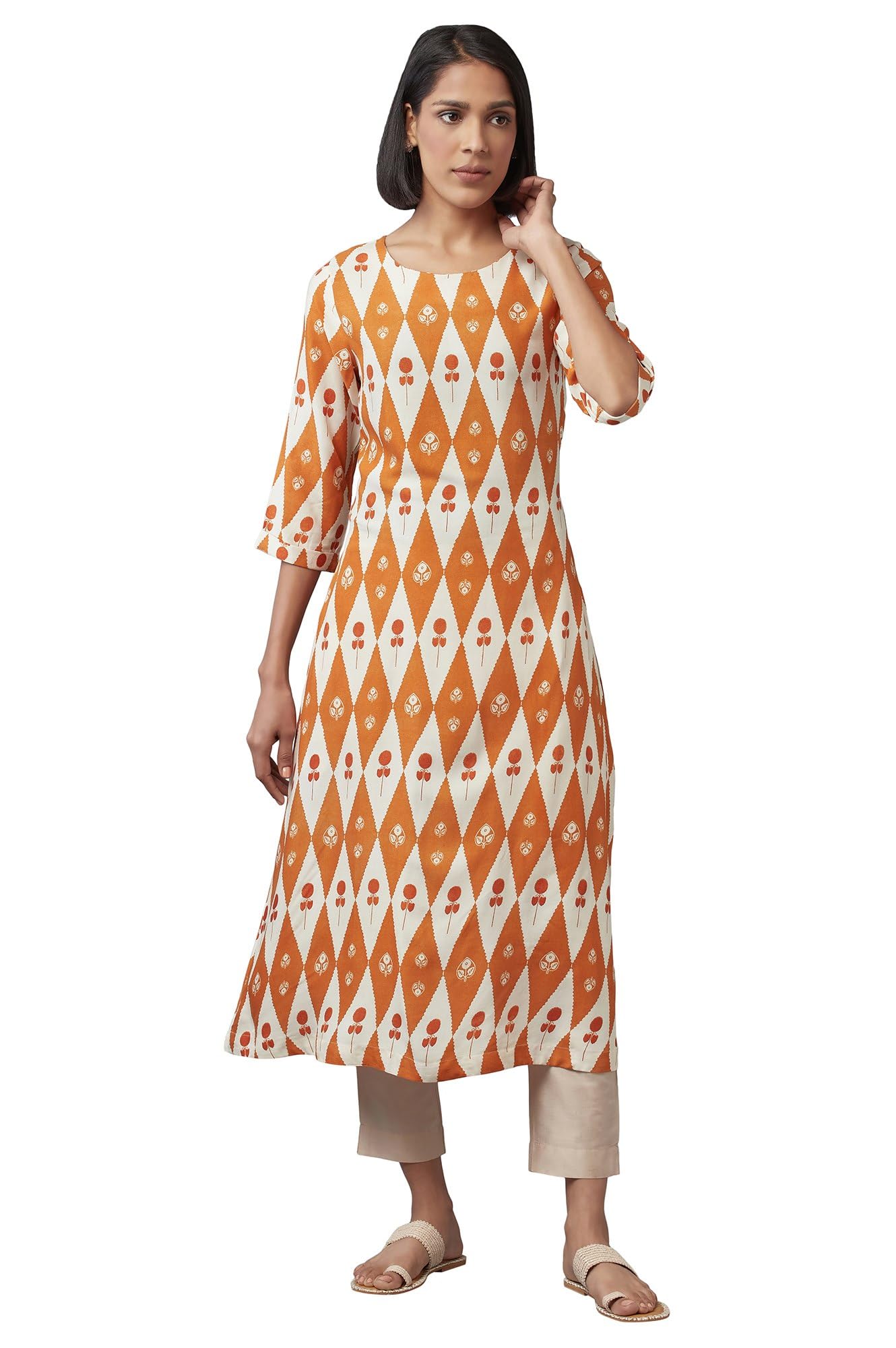 W For Woman Orange Rust and Ecru Printed A-Line Kurta_22FEW17317-118121_M-image-9
