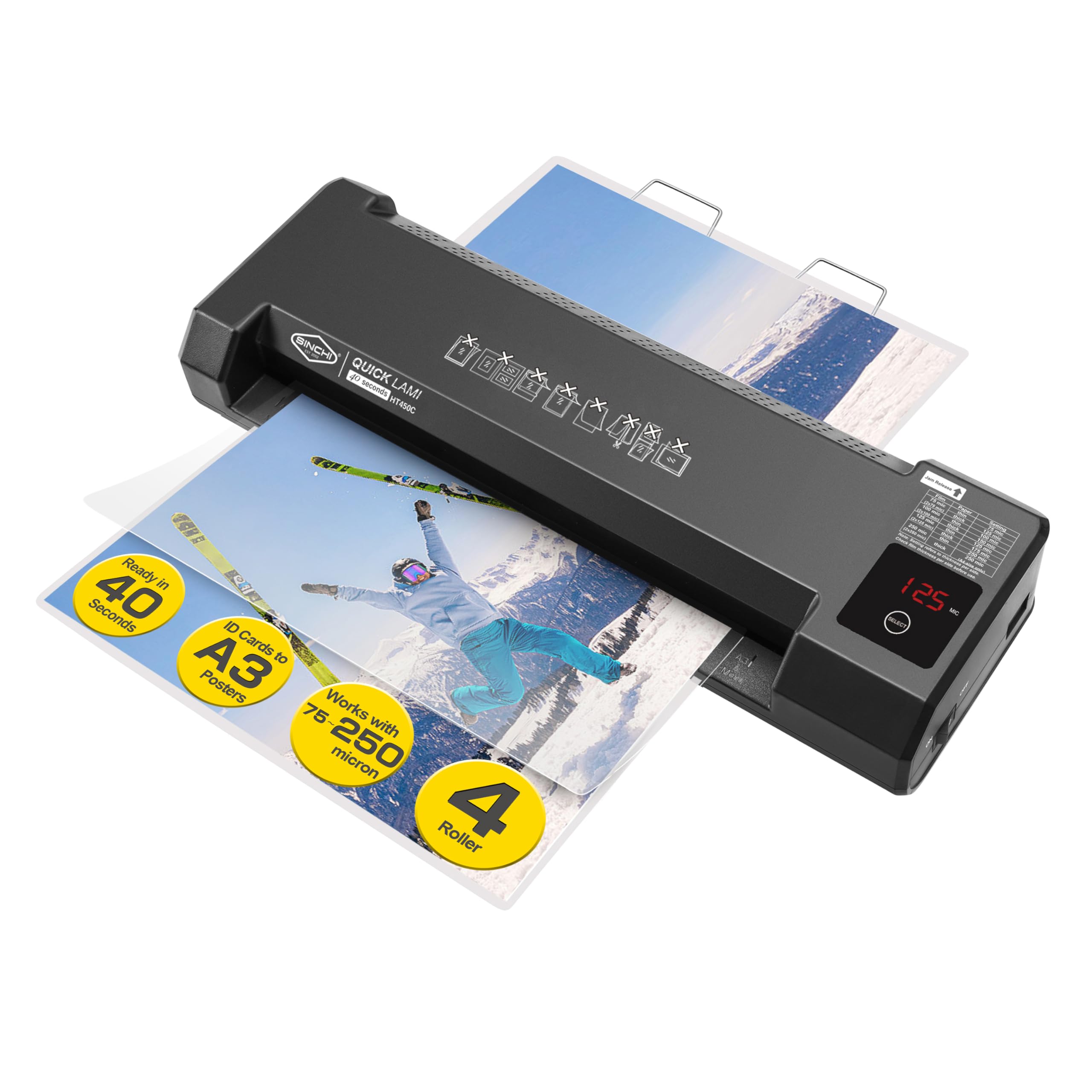 SINCHI A3 Thermal Laminator & Foil Applicator | 40s Warm-Up, 45s/Page | 4 Rollers, 75250 Mic | LED Touch Panel, Jam Release, Auto Shut-Off, 10 Pouches & 1 Cleaning Paper, for Office, School & Crafts