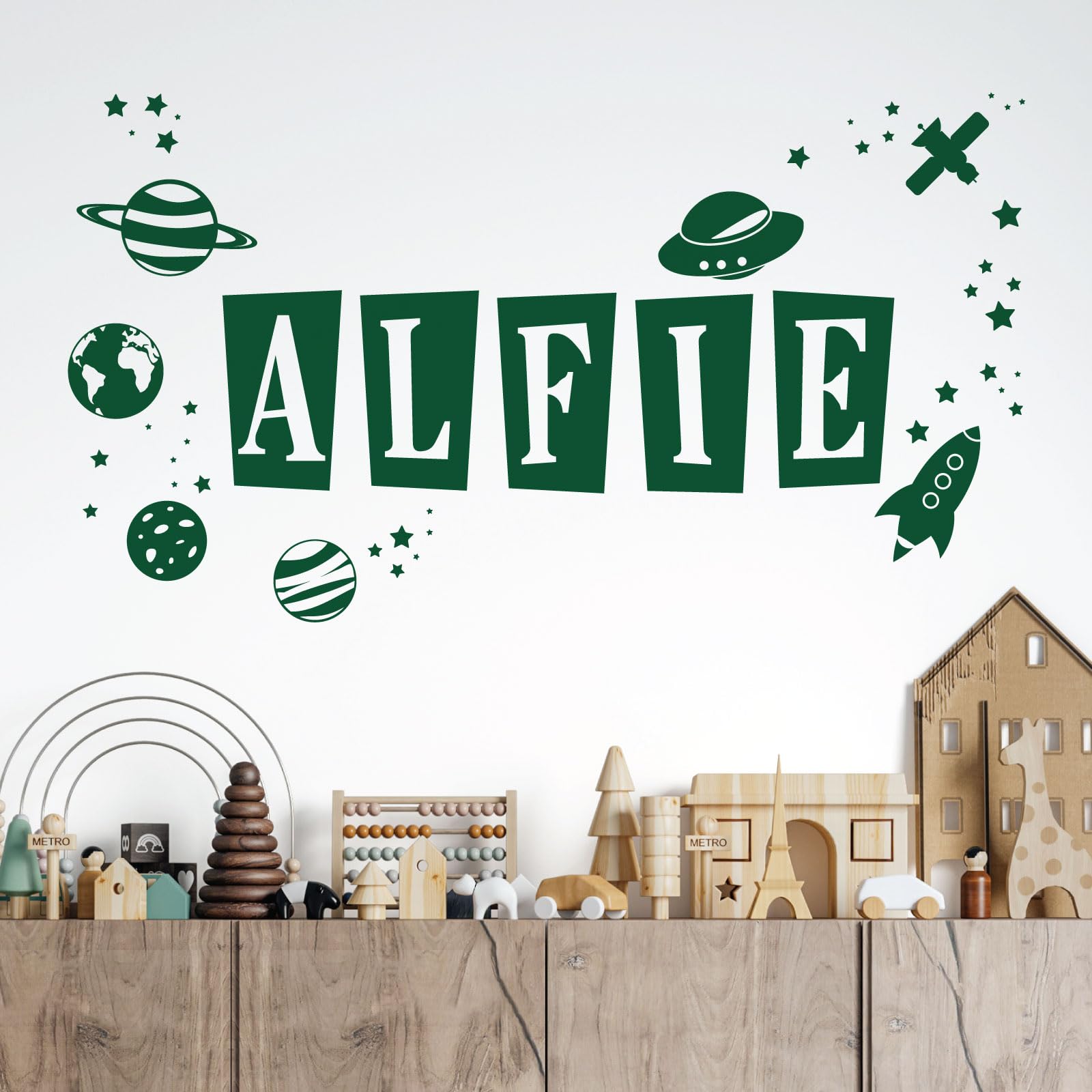 Personalised Name Children Wall Art Sticker - Space Theme, Planets, Stars, Earth, Rocket, UFO [Large] [Forest]