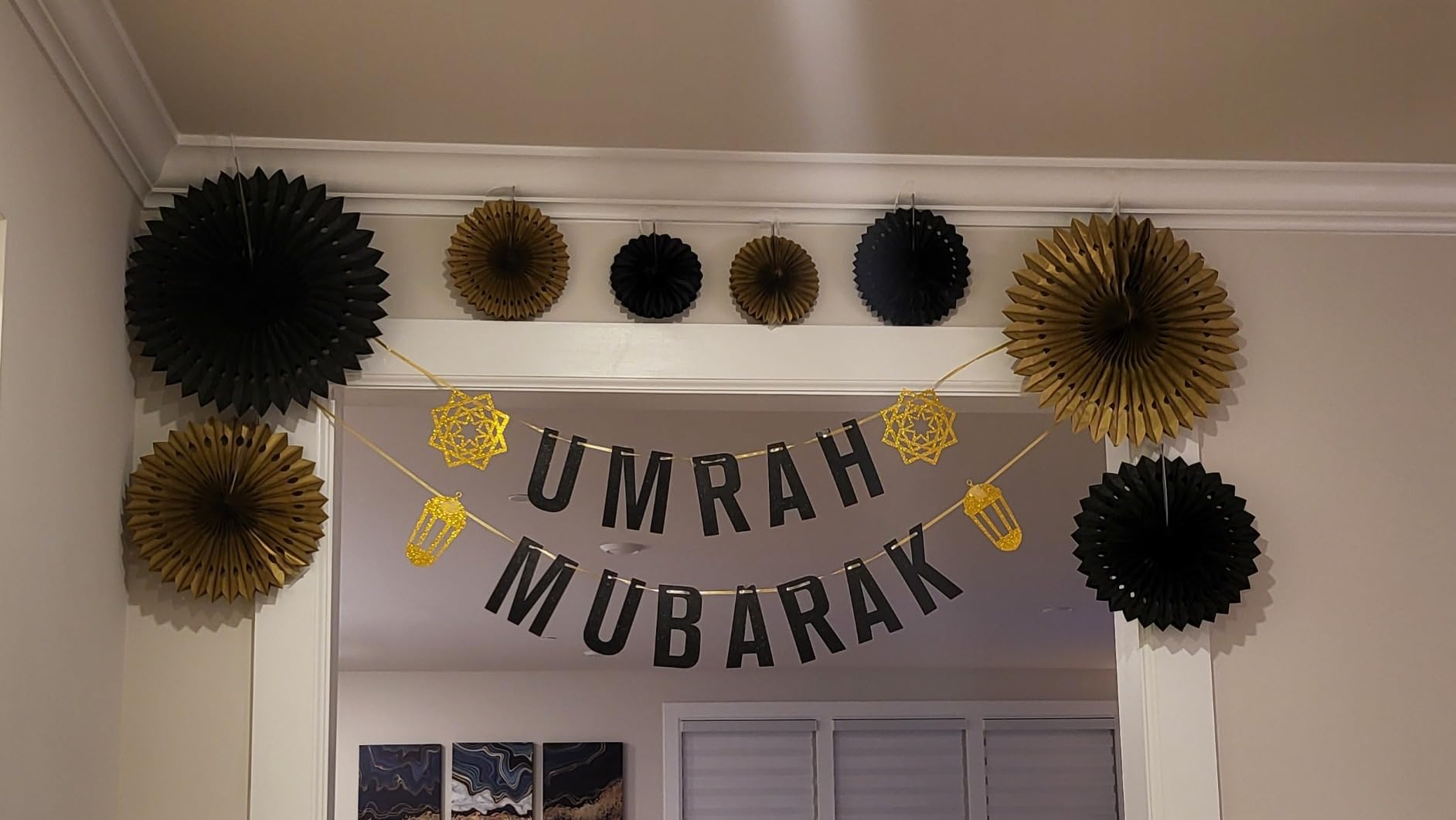 Umrah Mubarak Decorations Ramadan Eid - 44 Pcs Black Gold Hajj Ramadan Decor Balloons Banner Cake Topper Star Moon Party Supplies For Home Lslamic Muslim Al Fitr Eid Umrah Mubarak Party