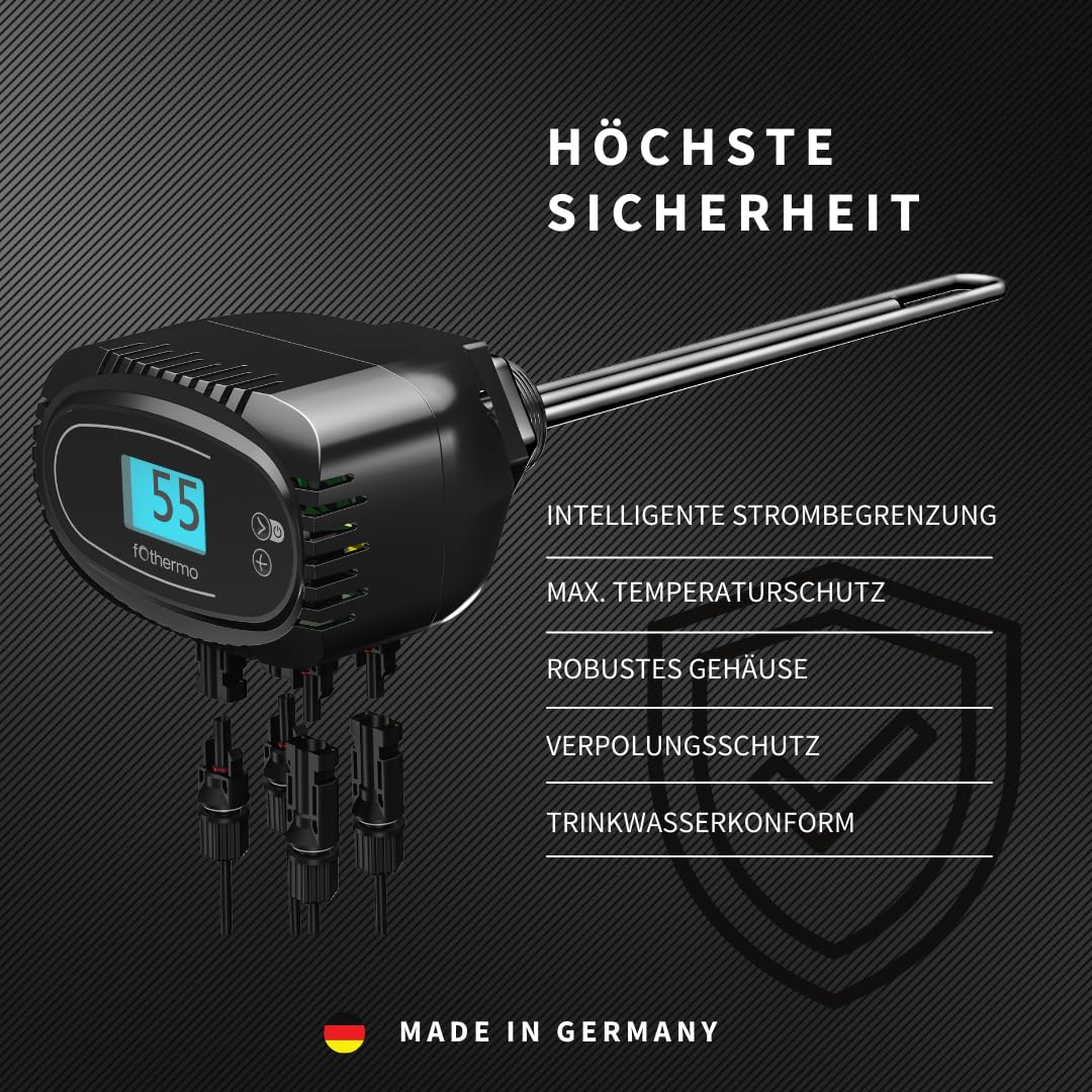 Fothermo® - 1.000 Watt Solarheizstab | 0–1.000 W stufenlos geregelter Photovoltaikheizstab inkl. Überschussnutzung | 6/4" Gewinde | Gleichstrom Heizstab