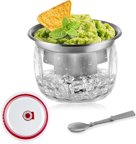 Cuenco de inmersión refrigerado con tapa, cuenco de 22 onzas para servir refrigerado para fiestas, cuenco de inmersión en hielo con tenedor de acero