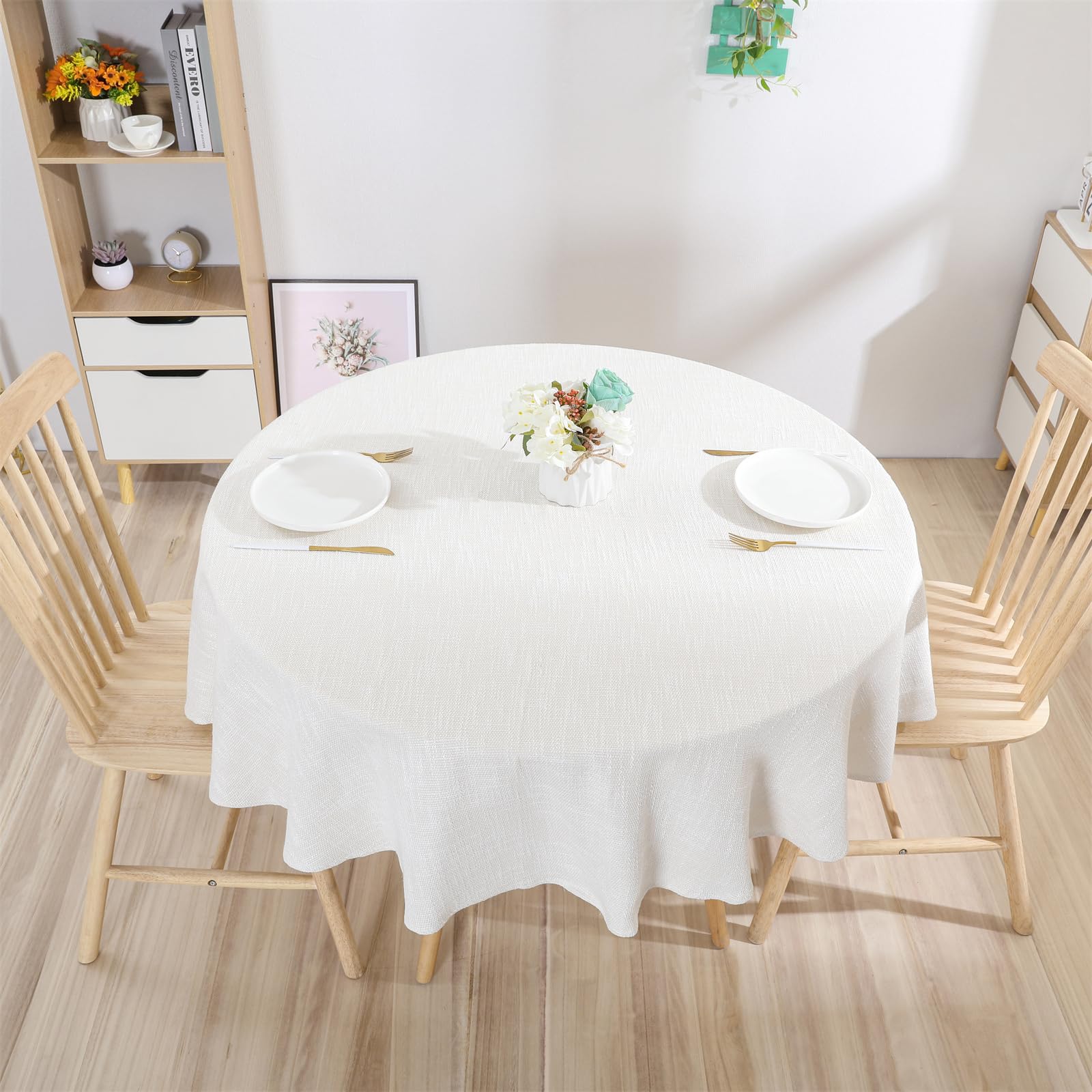 Bettery Mantel Redondo De Lino De Algodón Pesado Para Decoración De Mesa De Cocina, Comedor, 70 Pulgadas, Redondo, Color Burdeos