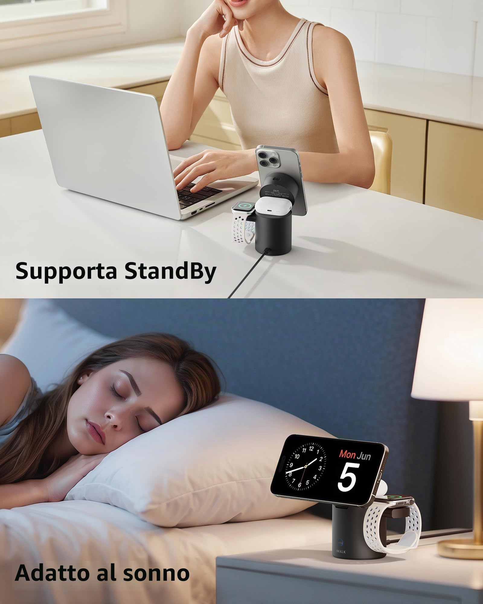 iWALK 3 In 1 Supporto Di Ricarica Wireless Con Rotazione Automatica, Stazione Di Ricarica Con Magnete, 15W Stazione Di Ricarica Wireless Pieghévole Per iPhone 16 15 14 13 12 & Apple Watch & Airpods