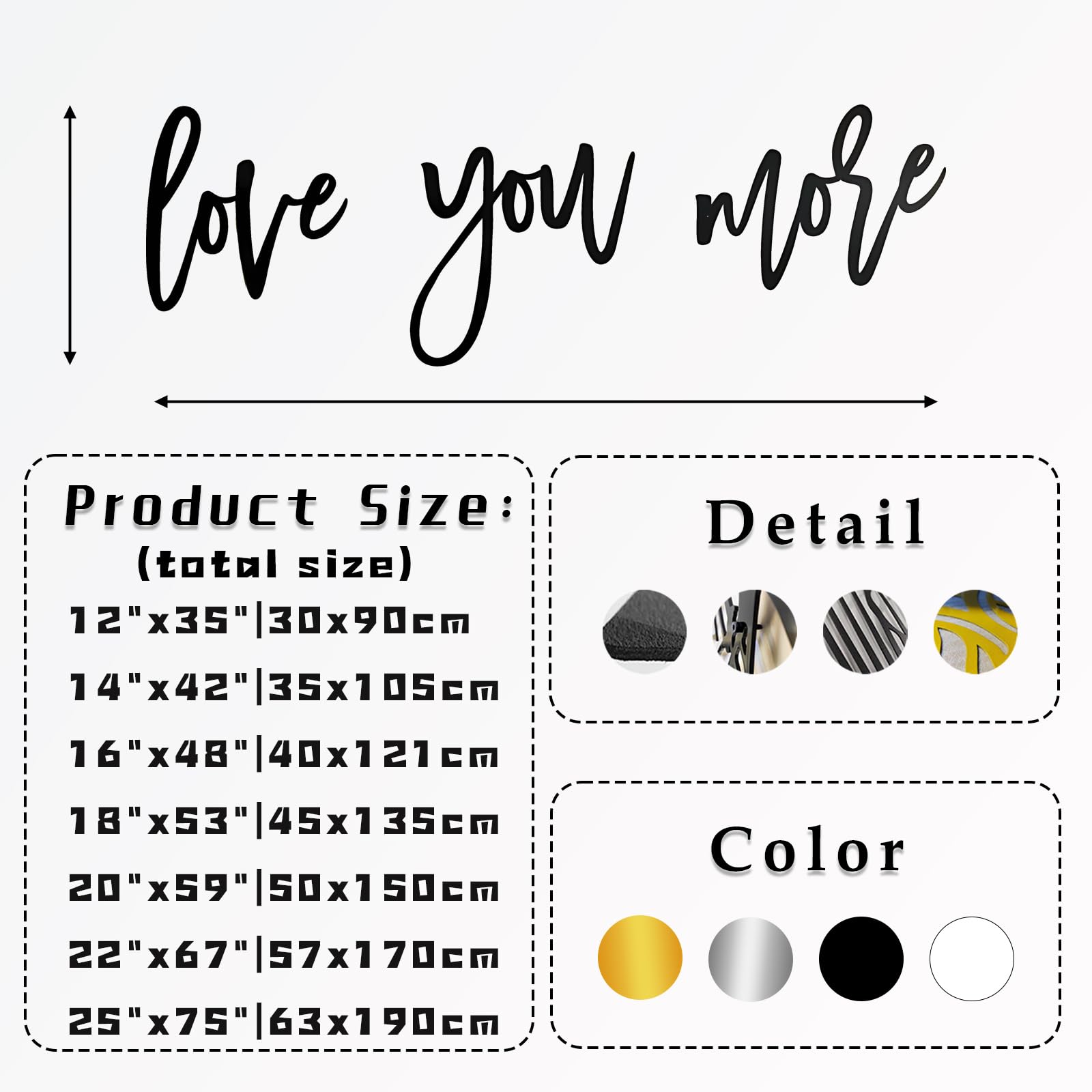 Moderne minimalistische Wanddekoration aus Metall mit dem Schriftzug „Love You More“ für Buchstaben über dem Bett, Schlafzimmer, Hochzeitsgeschenk (Gold 16"x48"|40x121cm)