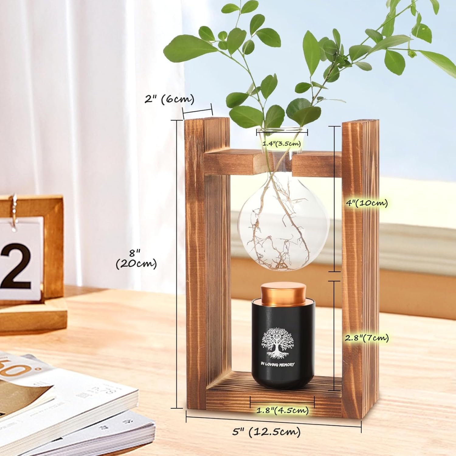 ChoiHeiy Plant Urn with Glass Bulb & Restro Solid Wooden Stand, Small Urns for Human Ashes Keepsake, Memorial Keepsake Urn for Human Ashes, Mini Urns for Human Ashes Keepsake, Small Urn for Ashes - Image 4