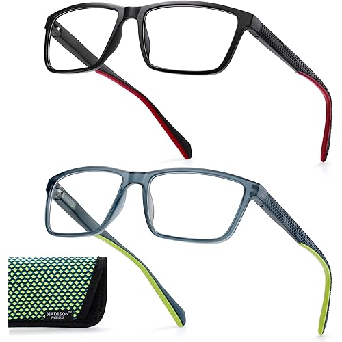 Madison Avenue 2 Pack Sport Blue Light Blocking Reading Glasses for Men with Spring Hinge, Square Computer Readers Anti Glare