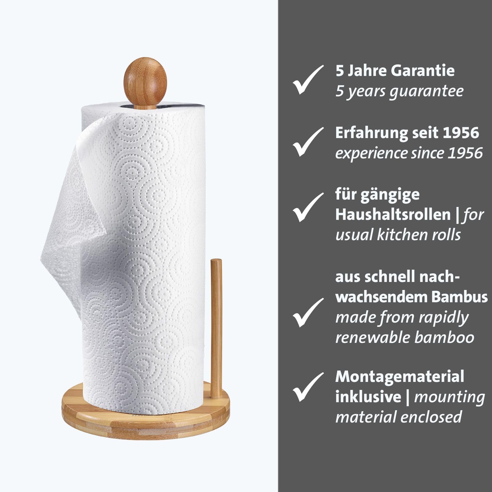 Westmark Kitchen Roll Holder - Robust Holder for Kitchen Paper, Standing Dispenser with Tear-Off Aid for All Standard Kitchen Rolls, Sturdy Base - Bamboo