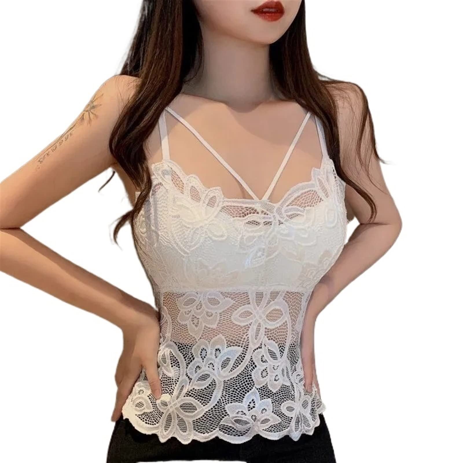 Soovi White Tank Tops Women Female Lace Vest With Built