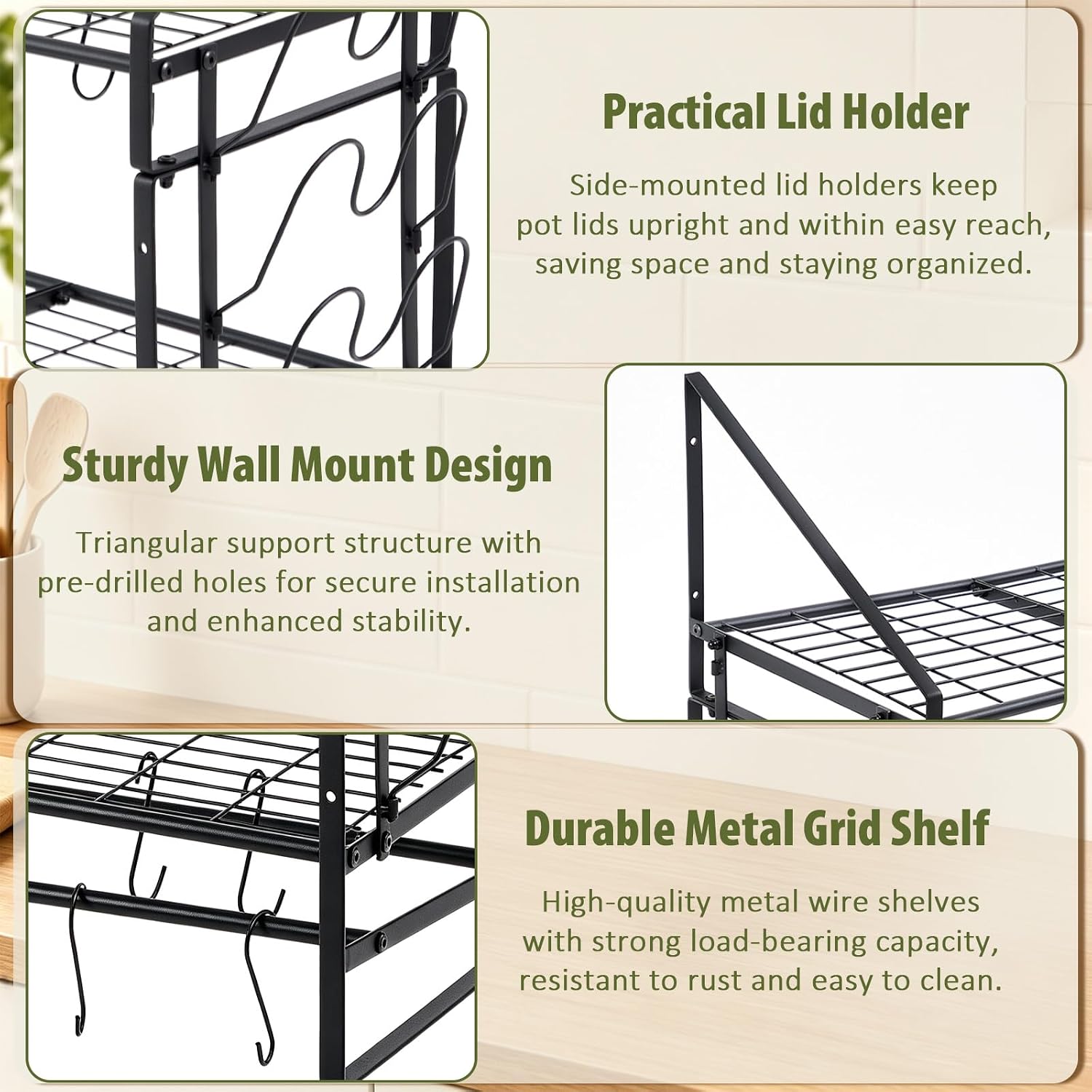 Nuanchu 39.4in Large Pot Rack Wall Mounted 150lb High-capacity, 2 Tier Heavy Duty Steel Hanging Pot and Pan Organizer, with 30 Hooks and 8 Lid Holders, Ample Storage for Cookware