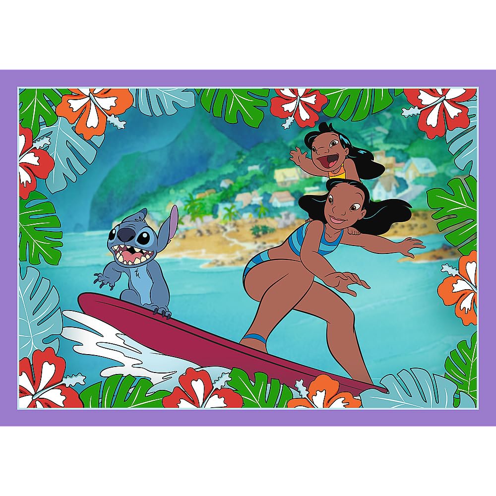 Trefl - Lilo & Stitch, Szalony dzień Lilo & Stitch - Puzzle 4w1, 4 Układanki, od 35 do 70 Elementów - Różny Stopień Trudności, Kolorowe Puzzle z Bohaterami Bajki, Zabawa dla Dzieci od 4 lat