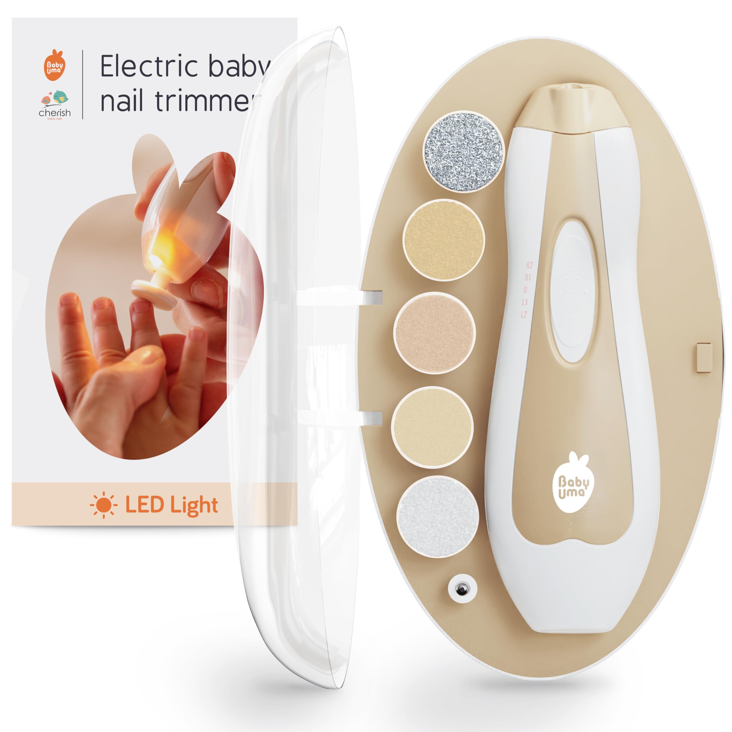 Cherish Baby Care LED Baby Nail File Electric - Auto-Safety Stop Electric Nail Clippers, Bi-Directional with 2 Speeds & 6 Filing Discs, Baby Grooming Kit Newborn to Adult (+ Travel Case)
