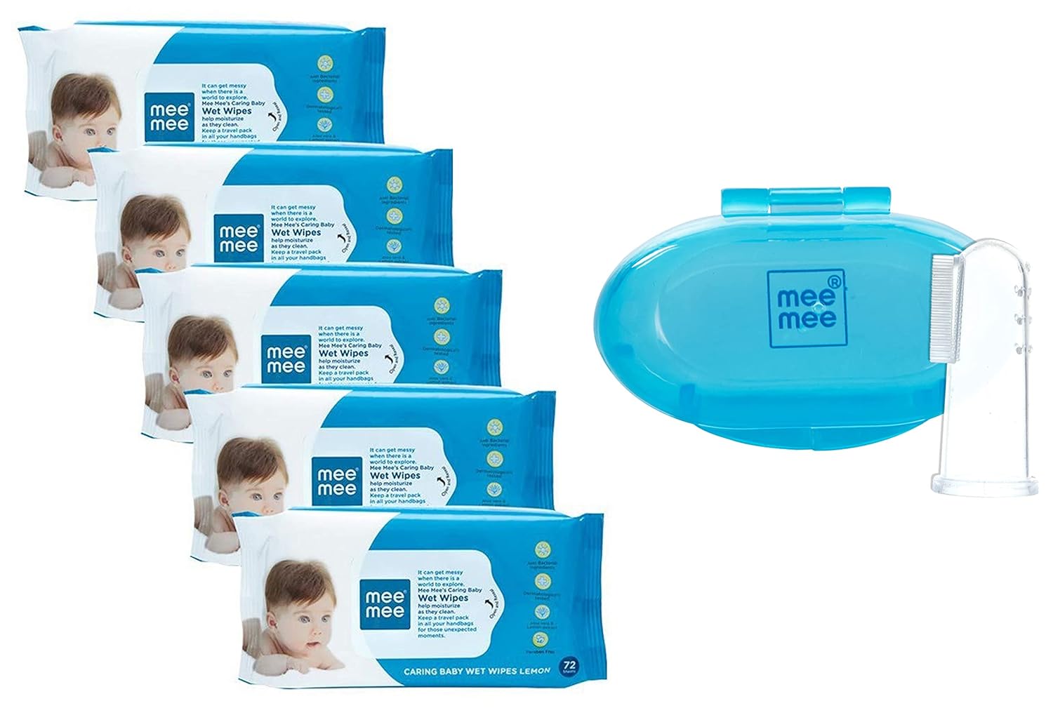 Mee Mee Caring Baby Wet Wipes with Lemon Fragrance (30 Pieces, Pack of 5) & Mee Mee Unique Finger Brush, Blue Mee Mee Caring Baby Wet Wipes with Lemon Fragrance (30 Pieces, Pack of 5) & Mee Mee Unique Finger Brush, Blue