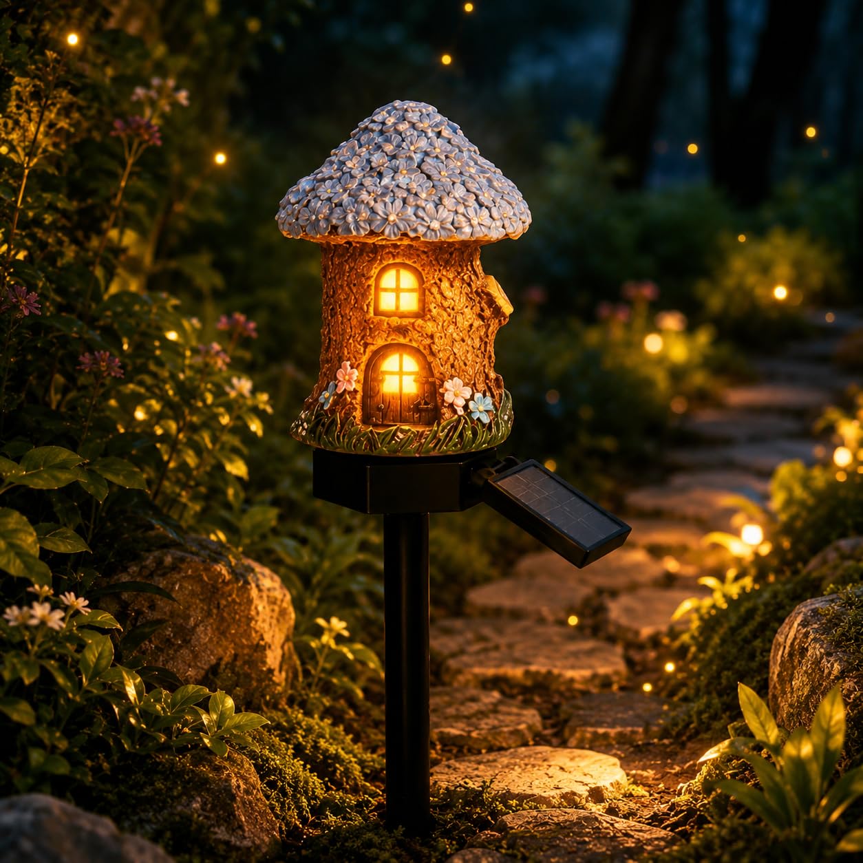 Solar Fairy-Tale Mushroom Cottage Garden Light,Waterproof LED Outdoor Mushroom House Statue Decor Lamp,Resin Cottage Garden Stake Lights,Auto On/Off Landscape Pathway Light for Yard Lawn Flower Bed