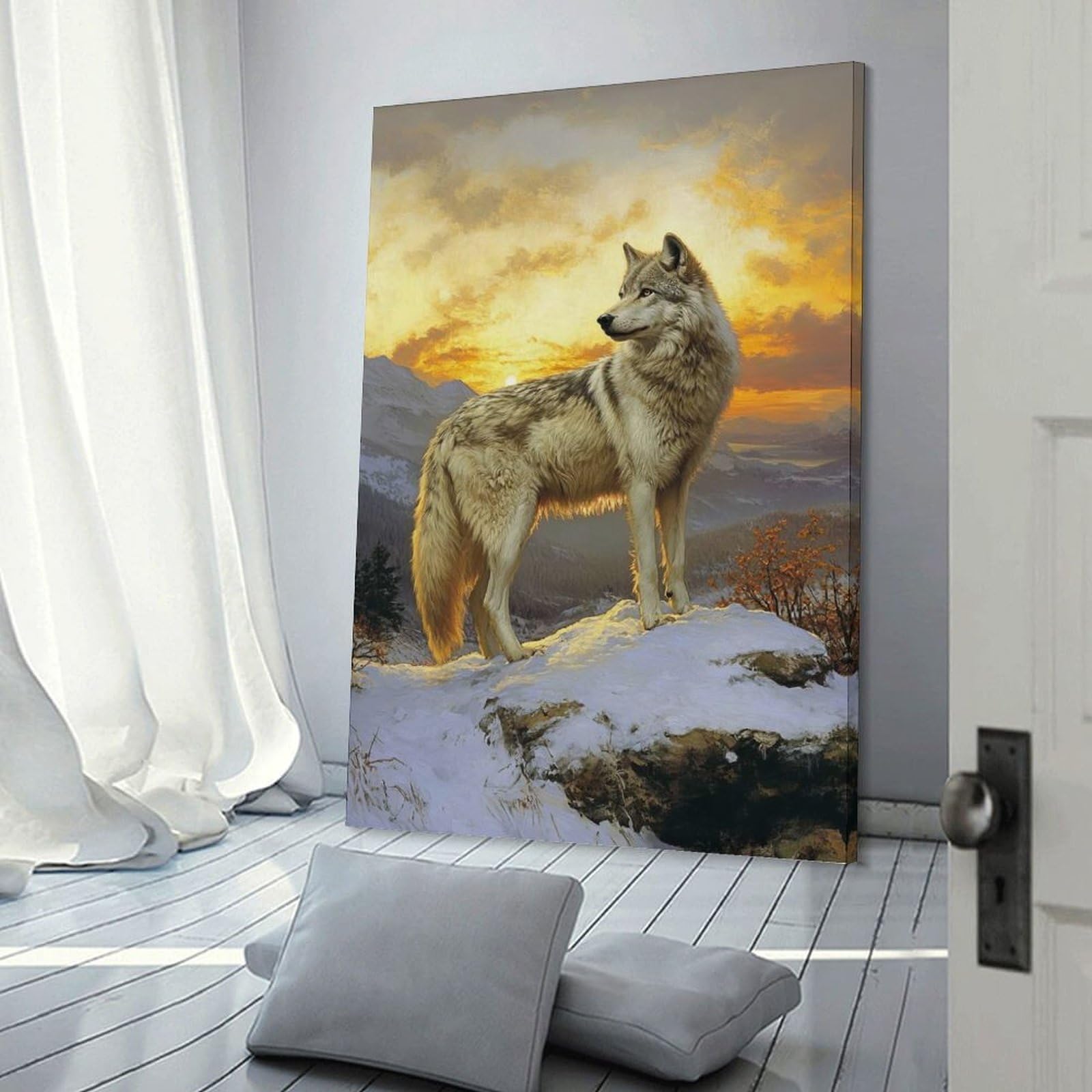 Junmoney Wolf at Sunset Wall Picture Print, 20x30inch(50x75cm), for New Homes, Bedrooms Or Workspaces, Thoughtful Wall Decor for Art Lovers