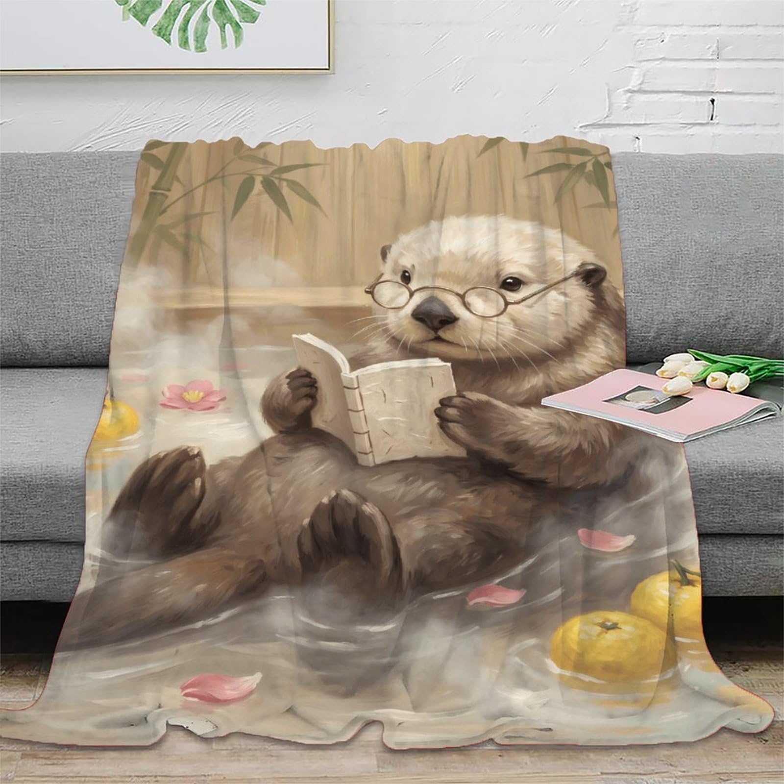 W7C8U2X3 Reading Otter Bath Throw Blanket, Flannel, TV, Cozy Reading Art