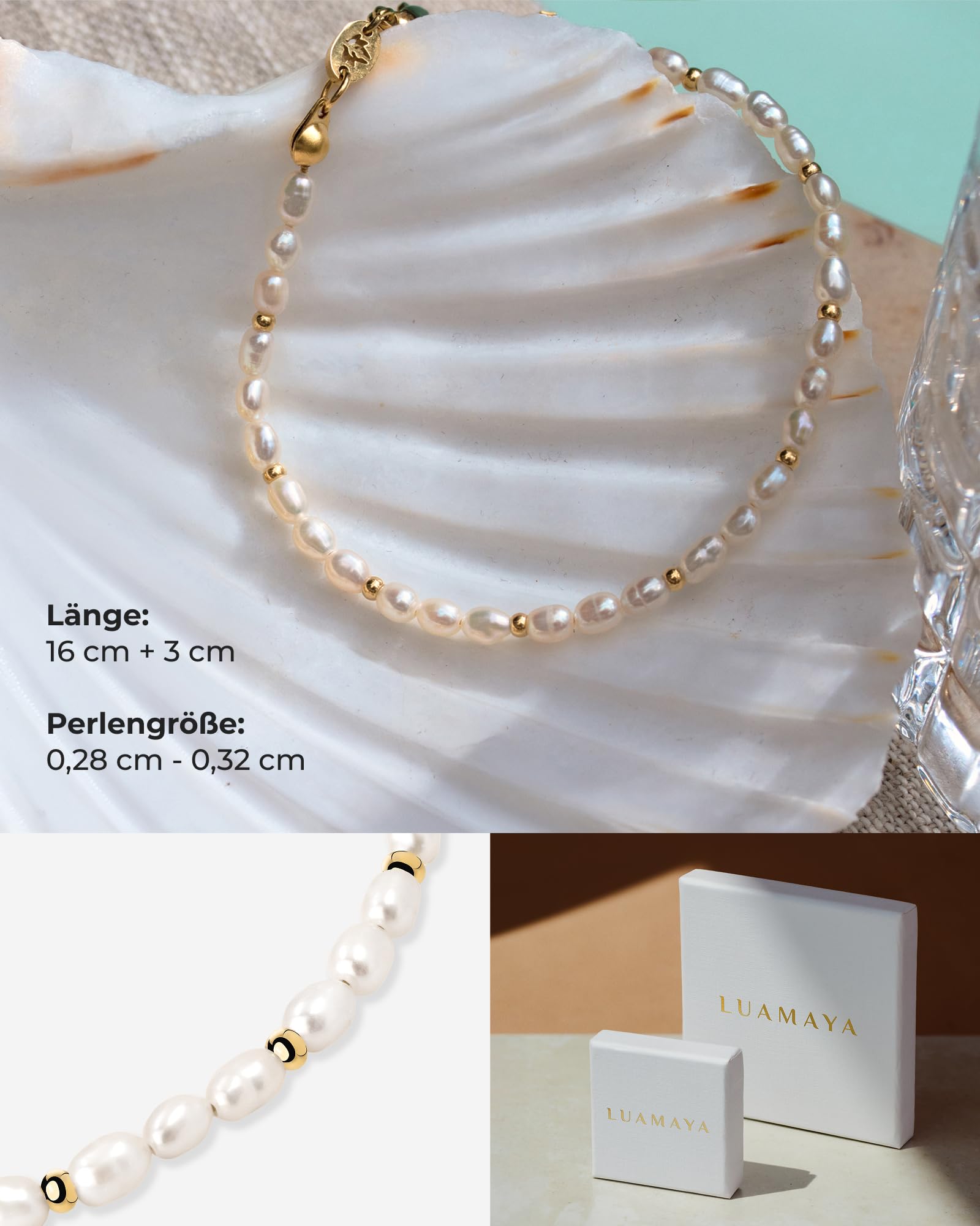 Luamaya wasserfestes Armband mit Süßwasserperlen für Damen | Edelstahl, 16 -19 cm verstellbar, hautfreundlich, kein Anlaufen, feminines Design, zum Kombinieren