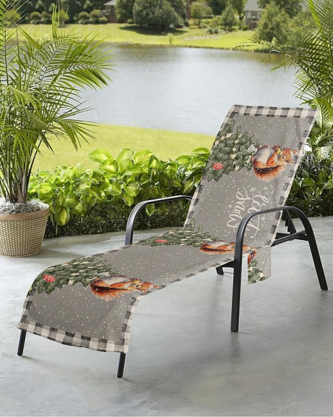 Christmas Buffalo Beach Chair Towel Covers for Chaise Lounge with Side Pocket, Soft Plush Pool Towels Cover for Patio Sunbathing Outdoor 29''x85'' Plaid Grey Snowflake Snowy Tree