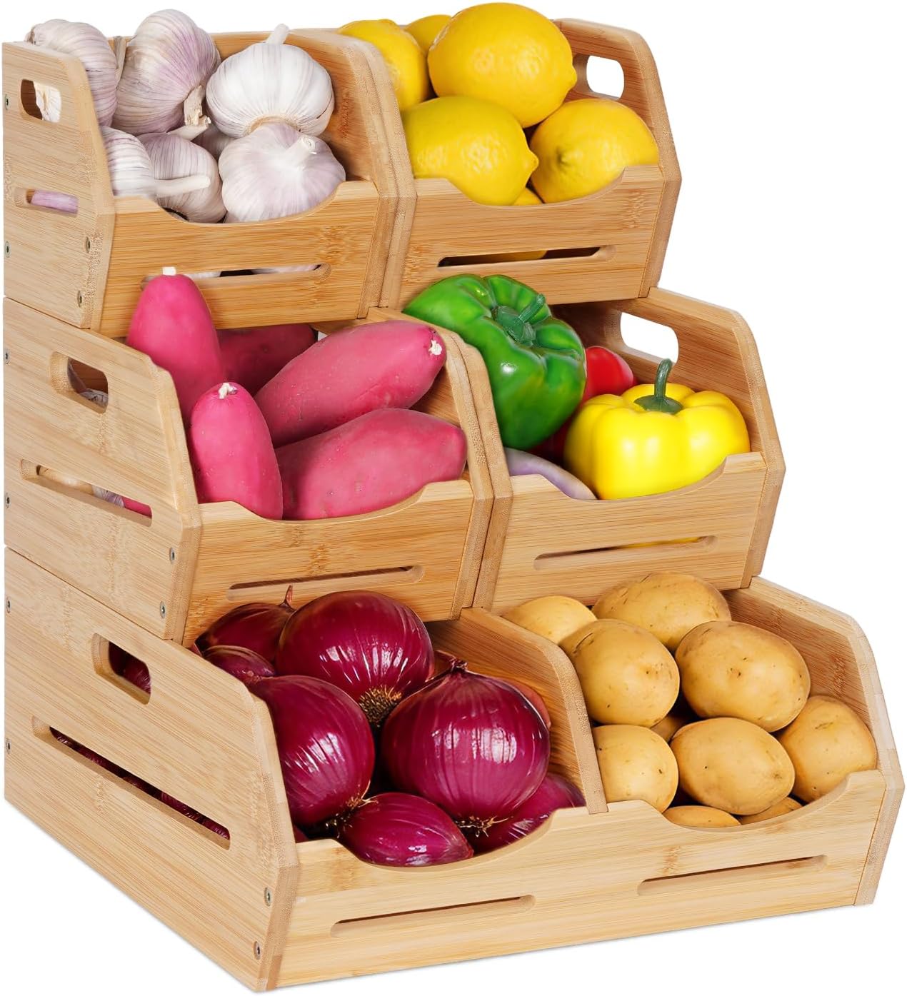 Tfro & Cile Bamboo Potato and Onion Storage Bins Pantry Organizers 3 Tier Stackable Vegetable Baskets Multipurpose Fruit Organization Containers for Kitchen - Set of 5