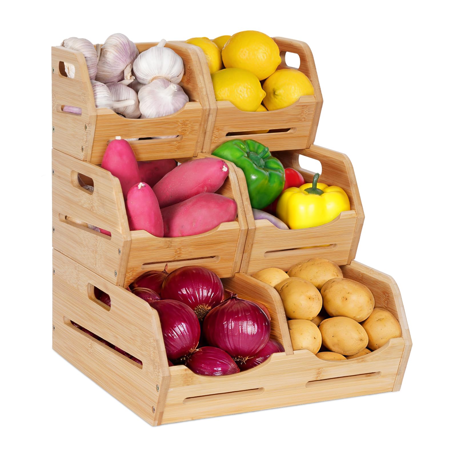Tfro & Cile Bamboo Potato and Onion Storage Bins Pantry Organizers 3 Tier Stackable Vegetable Baskets Multipurpose Fruit Organization Containers for Kitchen - Set of 5