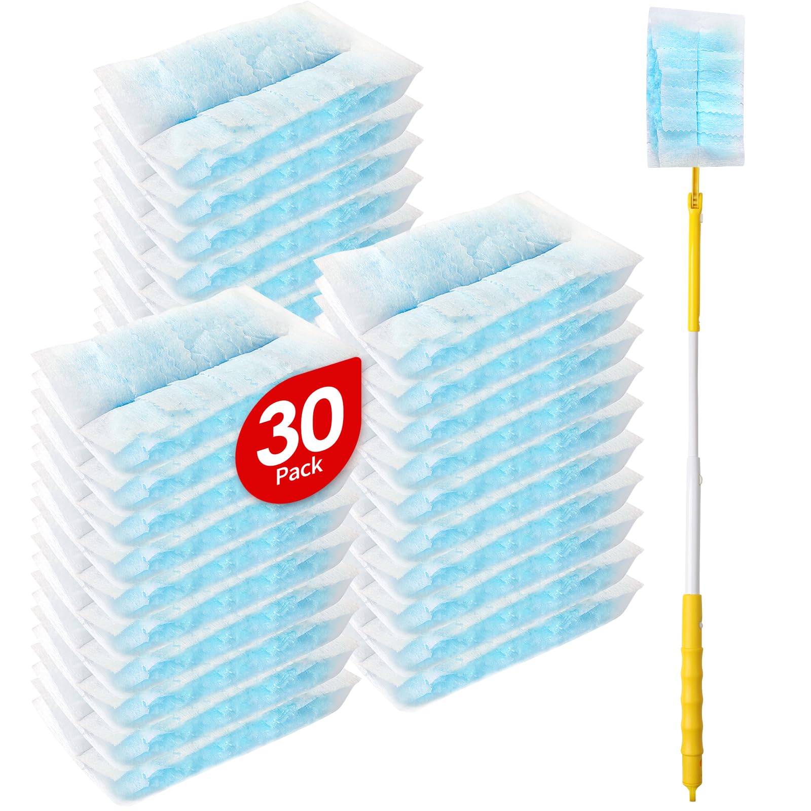 30 Count Microfibre Feather Duster Refills Compatible with Swiffer Dusters, Disposable Static Dust Removal Refills, Multi-Surface Duster with 1 Pcs Retractable Handle(Unscented, Pack of 1)