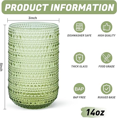Miniatura 2 de Hobnail - Juego de 6 vasos para beber, juego de cristalería vintage de 14 onzas, vaso de agua verde en relieve para cerveza, jugo, cóctel, whisky,