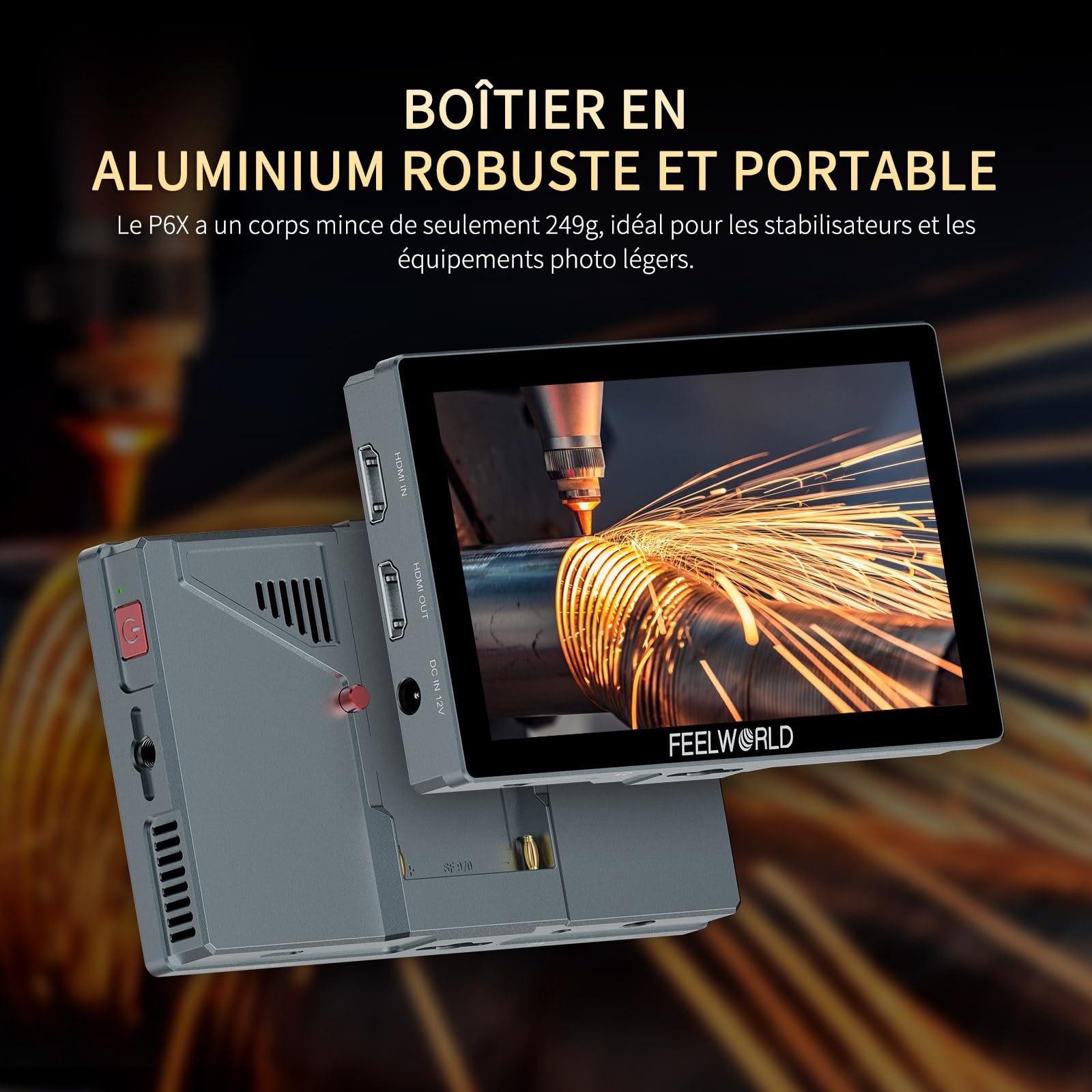 FEELWORLD P6X Moniteur Caméra Écran Tactile 5.5 Pouces 1000Nit Moniteur de Champ de caméra avec 4K 60HZ 3DLUT HDR Forme d'onde Boîtier Aluminium 9:16 Marqueur,Inclut Batterie et Sac