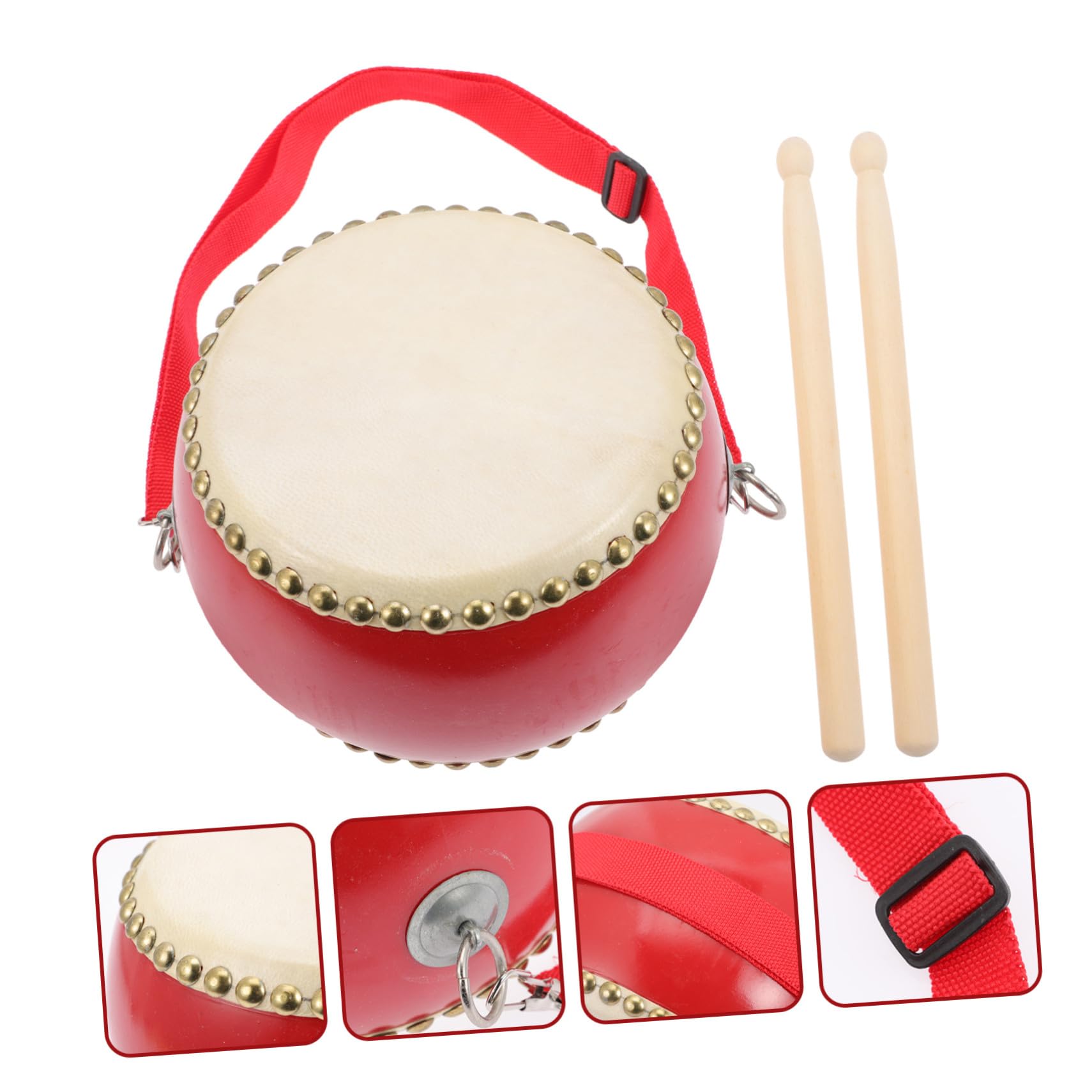 Tamburo Giocattolo in Pelle di Mucca in Legno Rosso | Strumento Percussione Musicale, per Feste di Celebrazione, per Bambini e Adulti