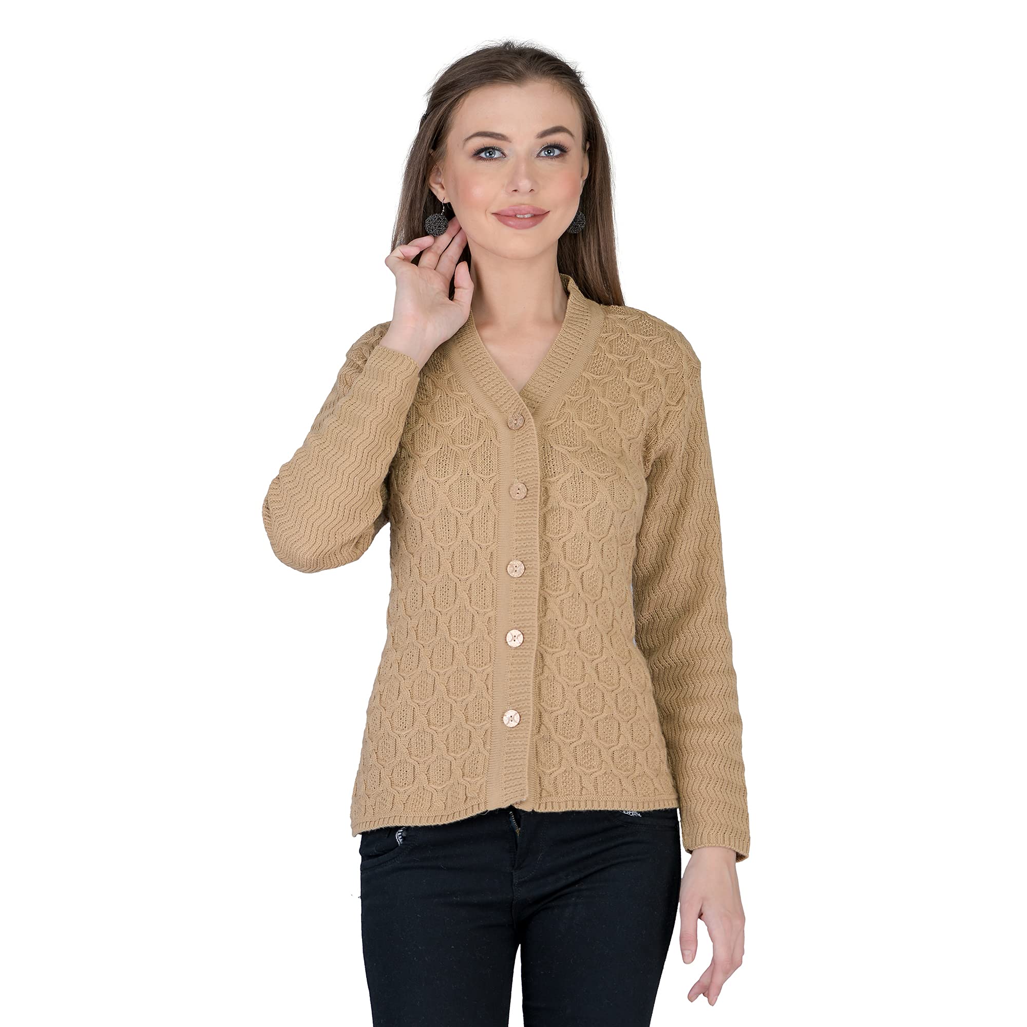 lady willington Women's Woolen V-Neck Self Design Cardigan - Heavy Daffodil Fabric Winter Wear Pure Wool Long Cotty Fully Warm Free Size (3XL, SKINNYBROWN)-picture-35