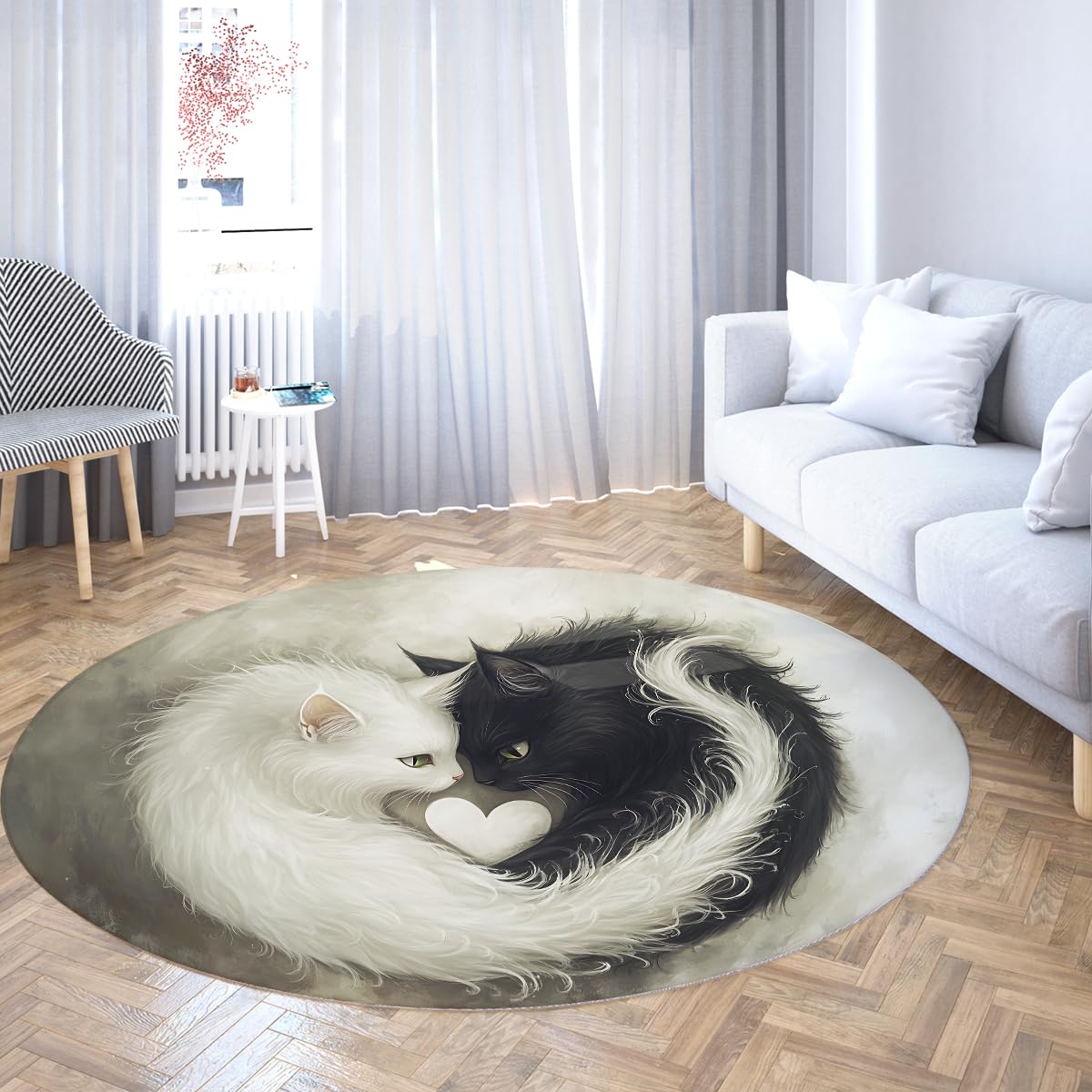 Tapis Rond Lavable de Style Noir et Blanc 120cm Motif de Chat Mignon Tapis de Cercle de Sol intérieur antidérapant à Poils Ras pour Chambre à Coucher Salle de conférence