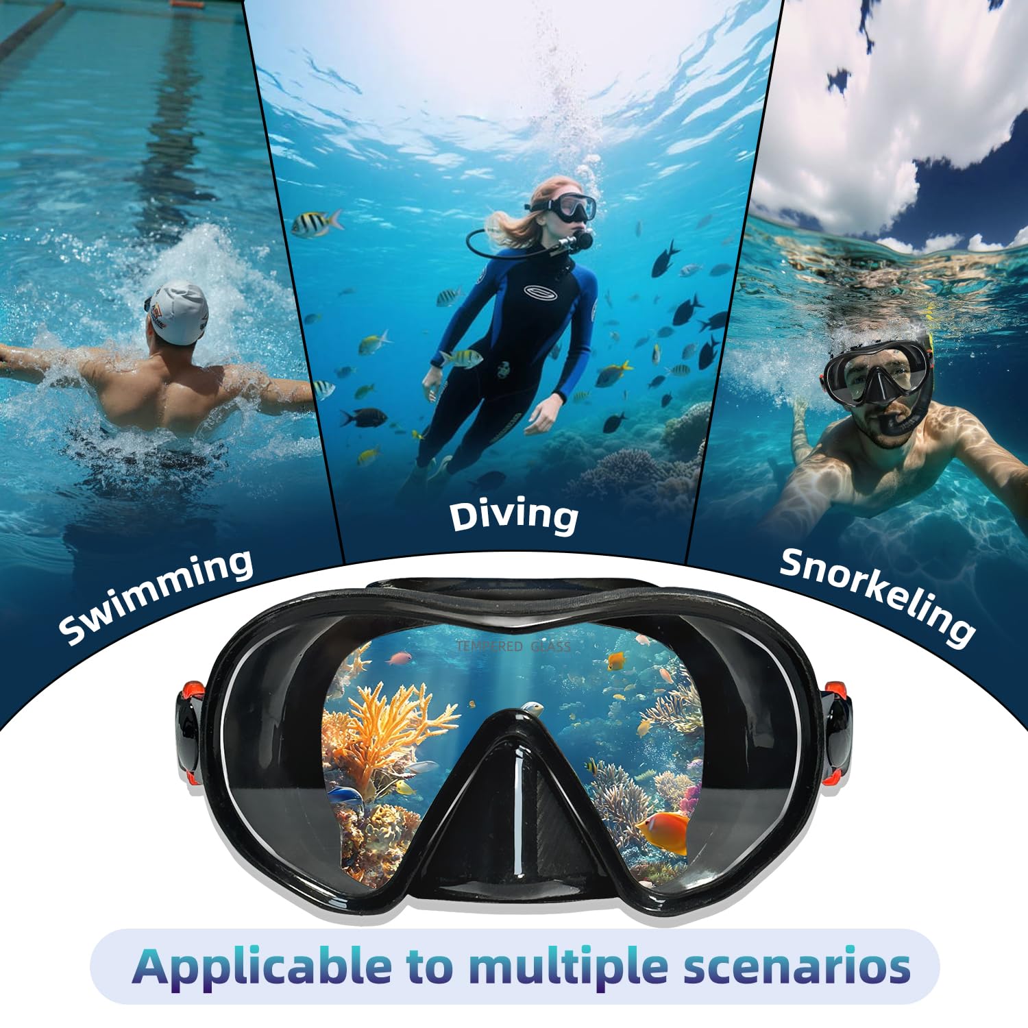 M105 - Máscara de buceo panorámica HD de silicona, antivaho de 180°, gafas de buceo de vidrio templado, gafas de buceo para adultos y jóvenes, gafas de natación para buceo, esnórquel, natación con