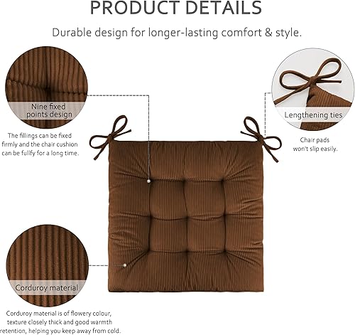 Miniatura 3 de ELFJOY Paquete de 4 cojines para sillas de comedor y cocina, de 18 pulgadas, cojines de asiento de pana gruesa y cálida, cómodos cojines para sillas