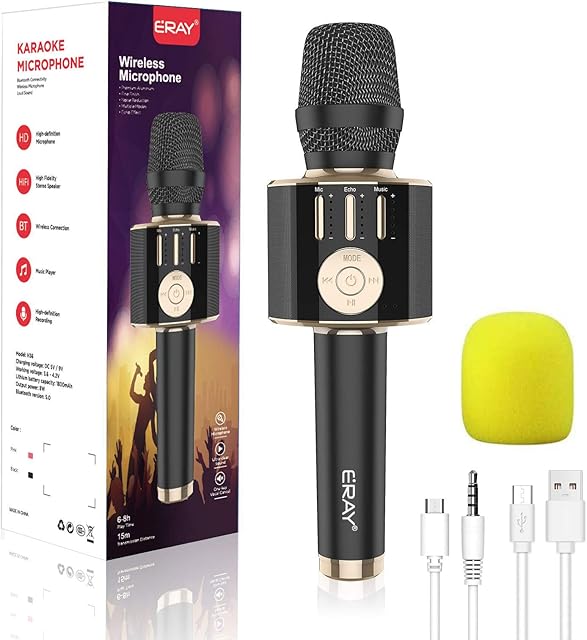 Karaoke Wireless Microphone Bluetooth, ERAY 5 in 1 Handheld Sing & Recording Portable KTV Player Home KTV Music Machine System Compatible with iOS, Android, Laptop, PC (Black)