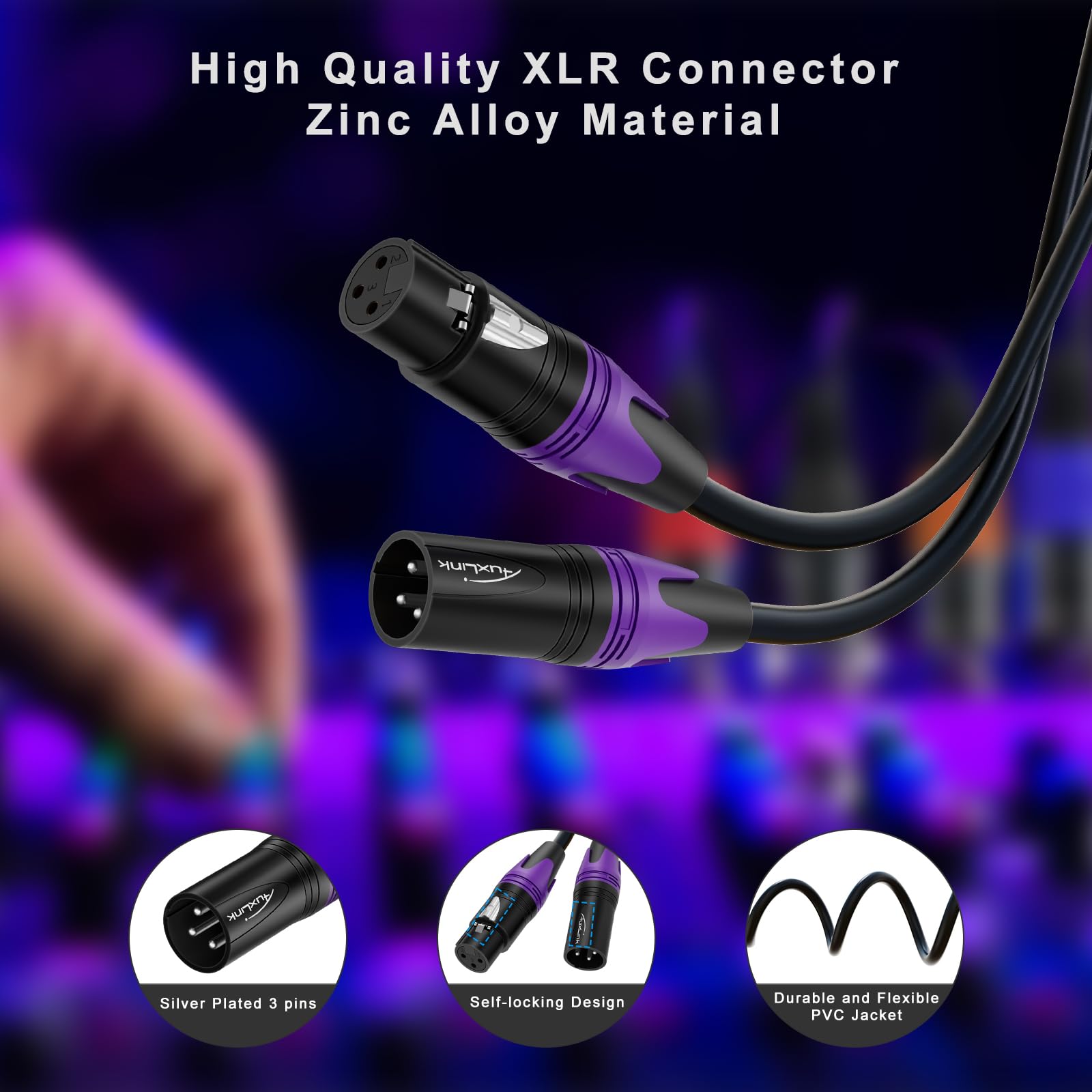 Juego de 2 cables XLR de 7,6 m, chapado en oro, cable de micrófono macho a hembra de 3 pines, compatible con micrófonos, sistemas de altavoces, luz de escena y más