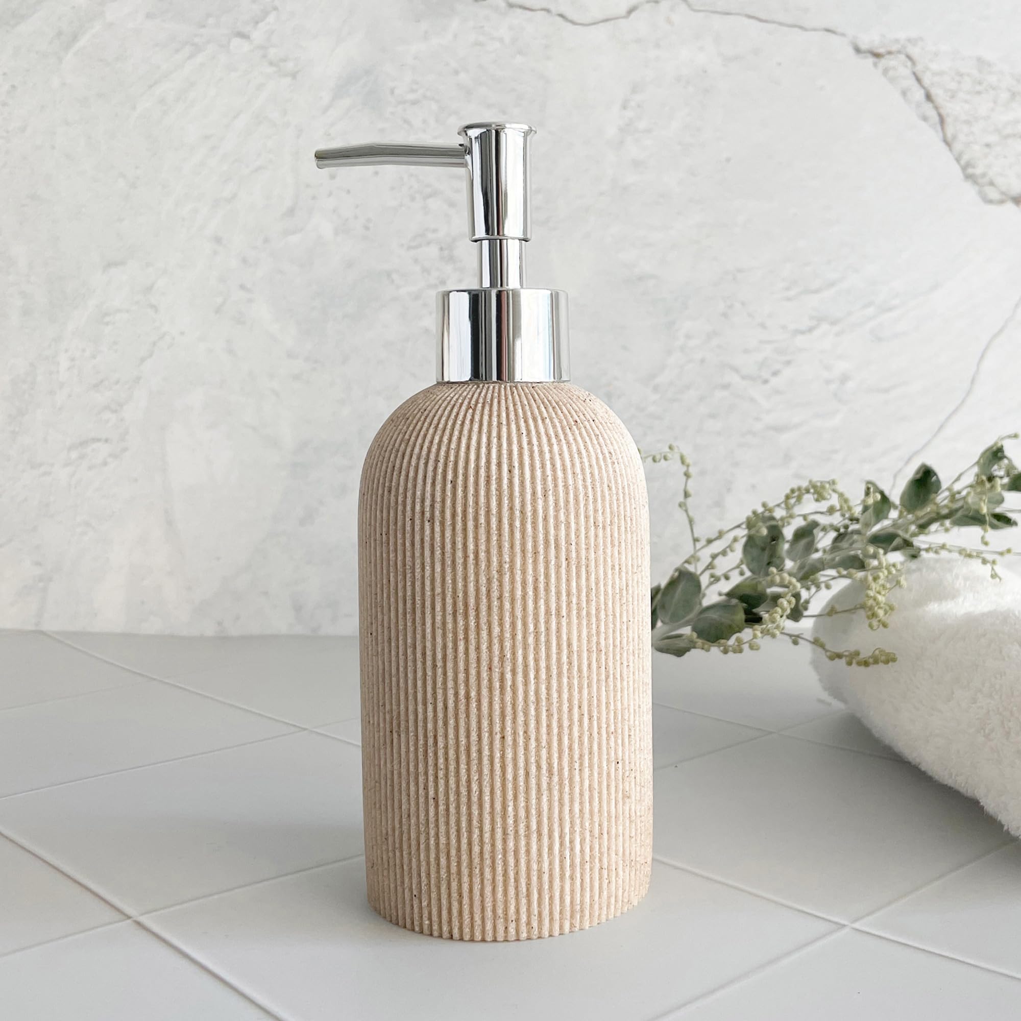 Lunestella Elegant Boho Beige Hand Soap Dispenser with Silver Pump - Image 2