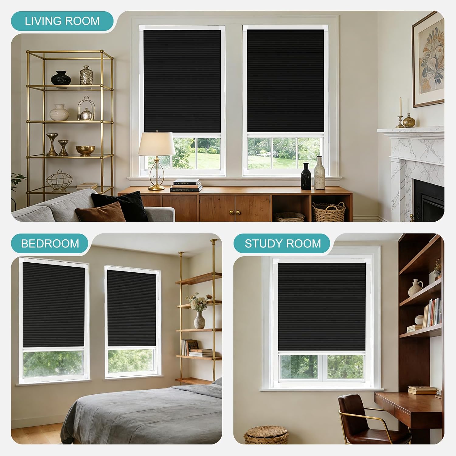 No Drill Blackout Cellular Shades with Frame, Custom Cordless Honeycomb Blinds for Windows, 100% Light Blocking Cellular Window Shades for Bedroom, Nursery & Skylight, Black