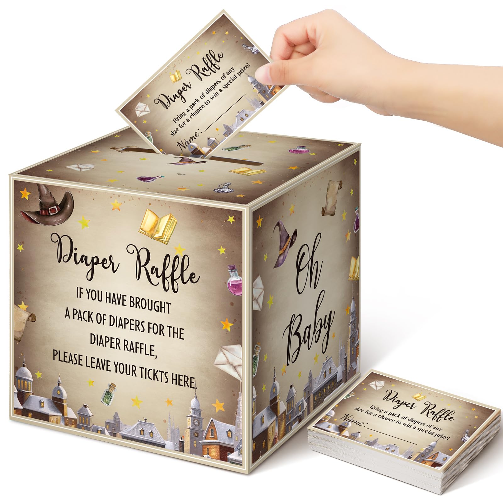 Teling 51 Pieces Diaper Raffle Tickets with Card Boxr,Magical Wizard Style