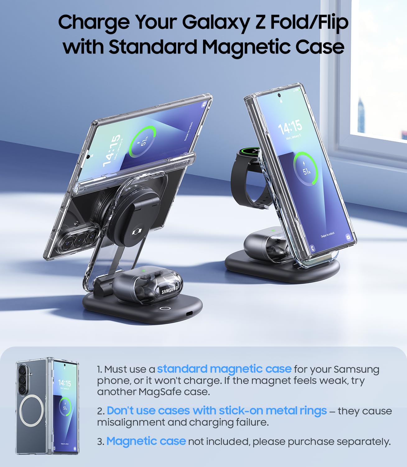 Meifigno Stazione di ricarica wireless pieghevole 3 in 1 per Samsung, supporto magnetico con luce notturna on/off per Galaxy S26/S25/Z Fold 7/Z Flip 7, caricatore per orologio per Galaxy Watch Ultra 8
