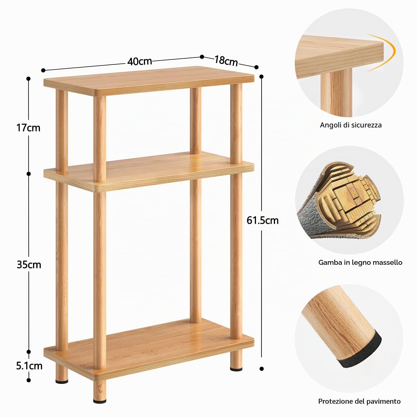 YOUDENOVA 3 Tier Tavolino Laterale Stretto, Tavolino da Divano Laterale, 40x18x61.5CM, Tavolino da Caffè Moderno Piccolo, Tavolino Piccolo Adatto per Soggiorno, Camera da Letto, Naturale