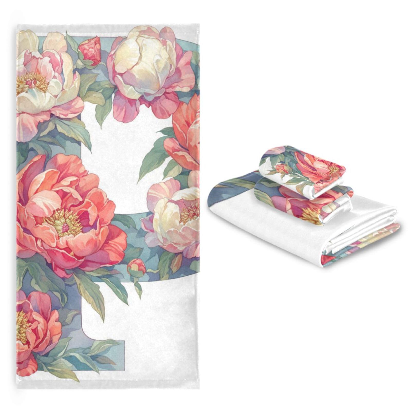 Floralmorphic - Set di 3 asciugamani per la pulizia del viso con lettera P e peonia rossa, stile acquerello, 1 asciugamano da bagno, 1 asciugamano per viso, corpo e bagno