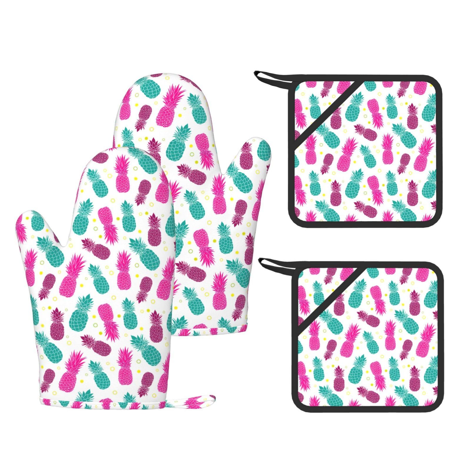 Tropical Pineapple Fashion Printed Kitchen Kit with Heat Resistant Oven Mitts & Non-Slip Hot Pads for Baking