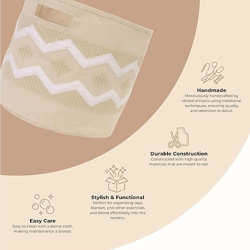 Miniatura 10 de Crane Baby Cesta redonda de tela para guardería, almacenamiento de juguetes, cubo bohemio de algodón y yute, 13 x 12 pulgadas, canasta de juguetes,