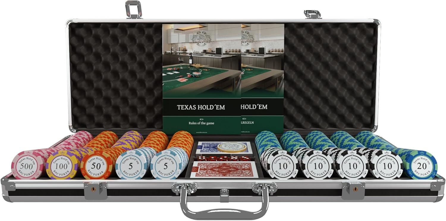 Bullets Poker Set, 2 Plastic Card, Dice, Dealer Button, Manual & Travel Case – with Case for Texas Hold’em, Casino Games, & Prominence – Ideal Poker Set with Chips and Cards, 500 Clay 'Carmela' Chips.