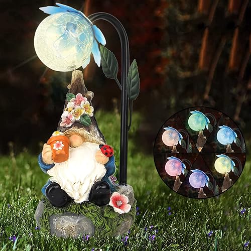 Decoración de estatua de gnomos de jardín, figura de gnomo de resina de 9.4 pulgadas con luces LED solares de degradado de colores, decoraciones al