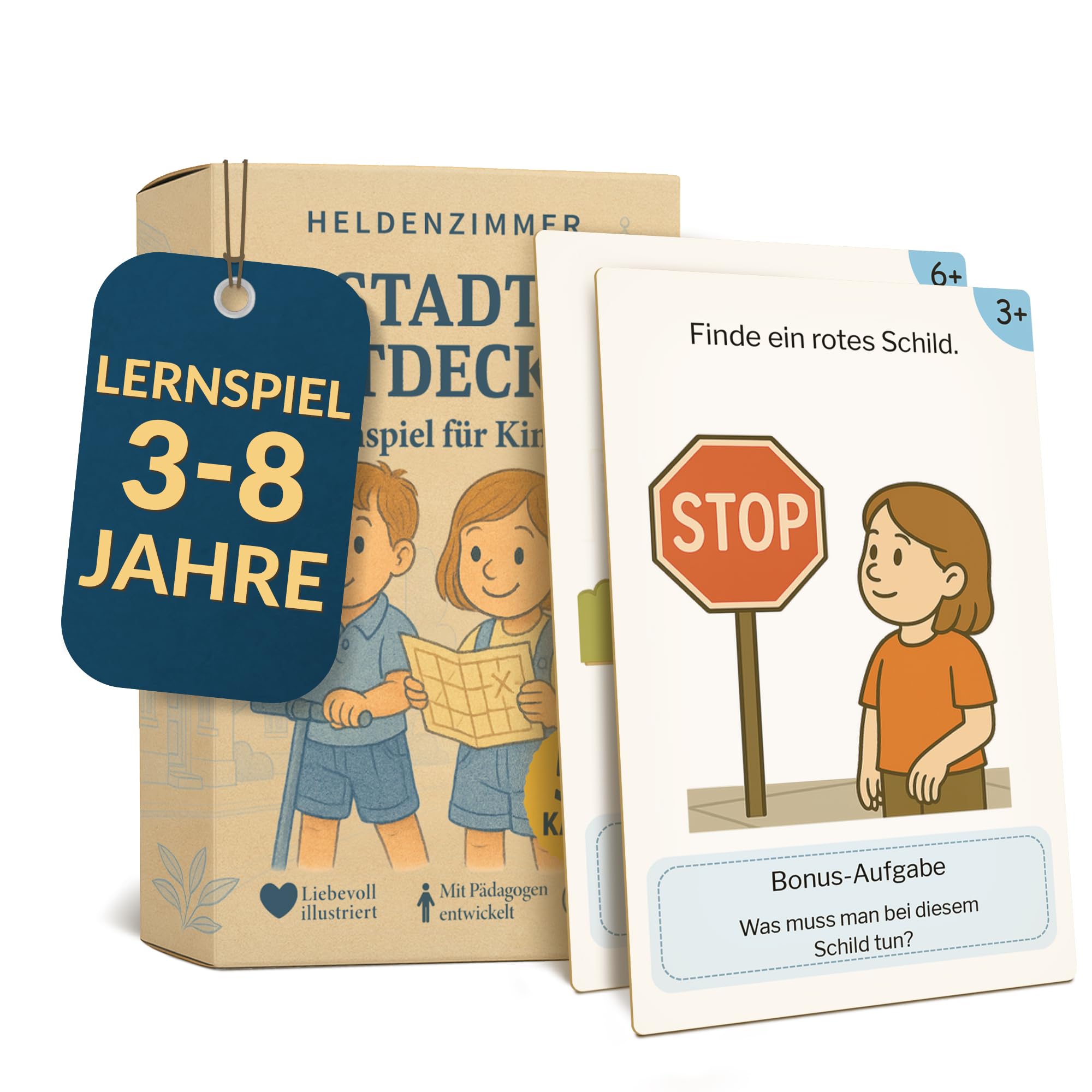 Heldenzimmer Stadt Suchspiel Kinder – Reisespiele für Unterwegs Urlaub | 100 Aufgaben Suchspiel, 50 Doppelseitige Stadt-Entdeckerkarten 2 Altersstufen, 16 Abzeichen