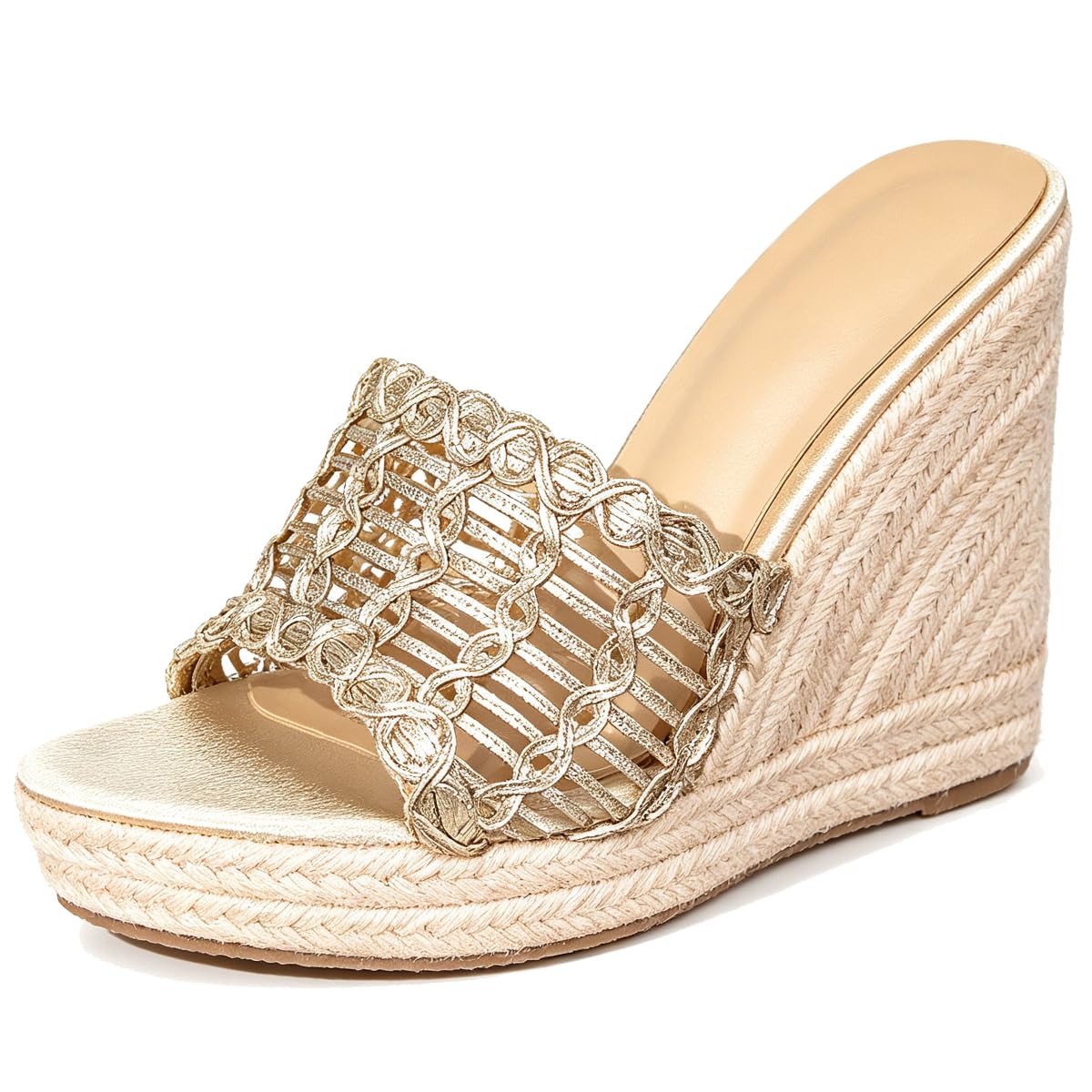 Sandalias Vacaciones Mujer Esparto Cuña Champagne Verano | Perfectas para vacaciones y playa, parte superior textil transpirable, cuña cómoda y estilo casual versátil