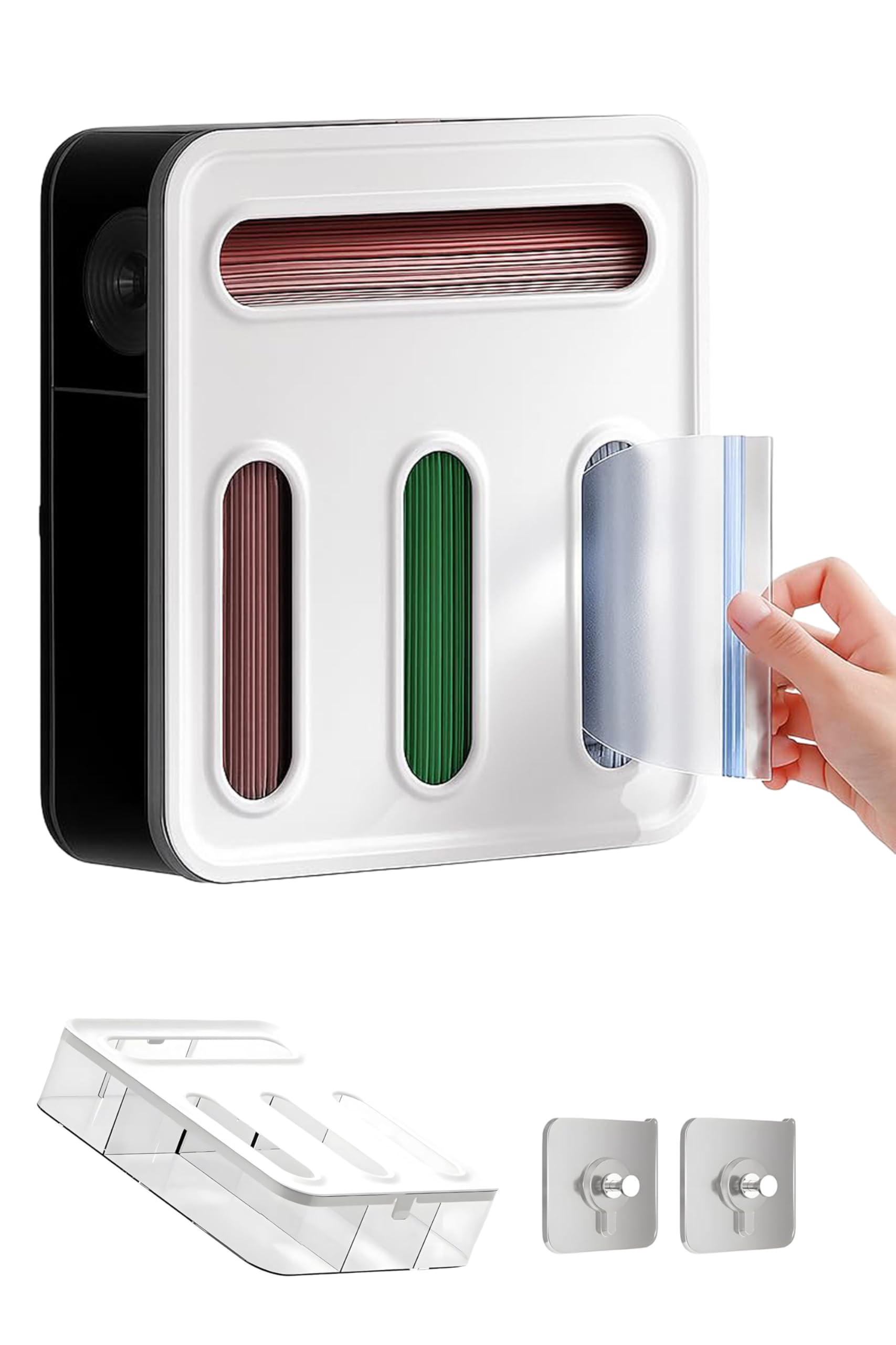 Organizador de bolsas Ziplock para cocina, 4 ranuras, montaje en pared o almacenamiento de cajones, dispensador de bolsas de plástico con diseño de tapa de bloqueo