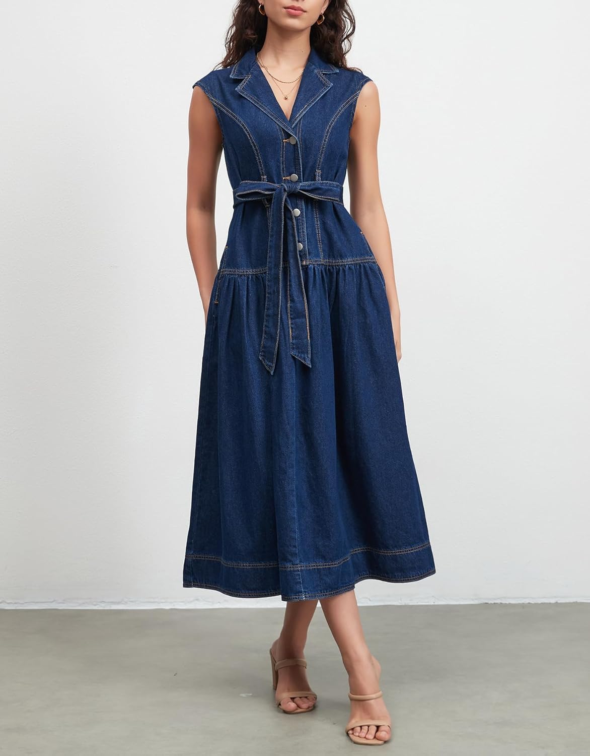 Ladyful Womens Sleeveless Denim Midi Dress Lapel V Neck Casual Flowy Wrap Belt A-Line Button Jean Dress - Image 5