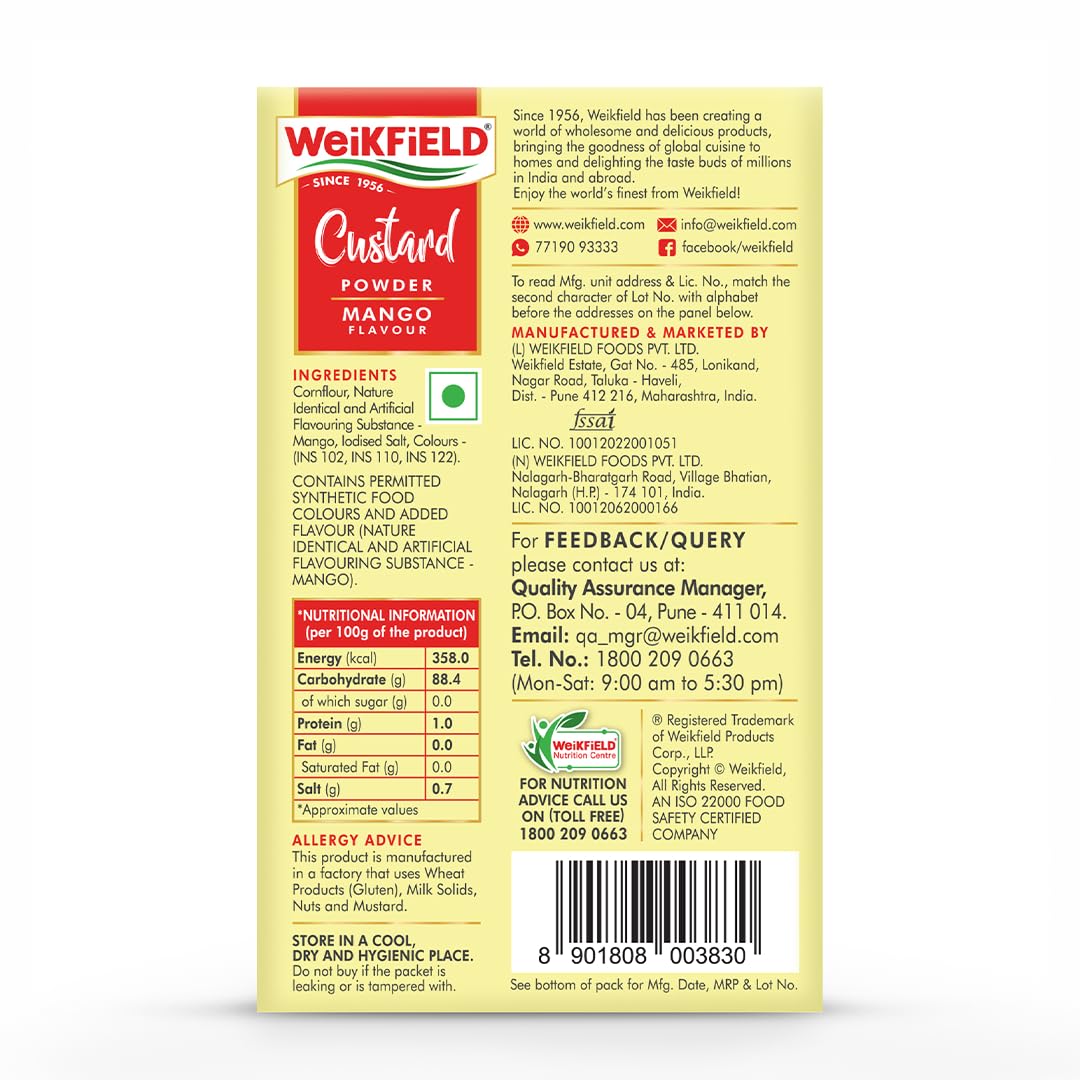 Weikfield Custard Powder | Mango Flavour | Makes Smooth & Creamy Custard | Contains Quality Ingredients | Best For Fruit Salads & Puddings | 100% Vegetarian | 75g Carton