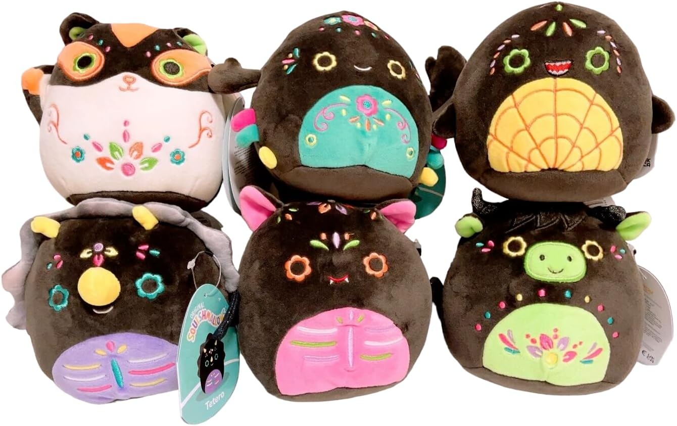 Squishmallows Juego de 6 peluches de Halloween Día de los Muertos de 5 pulgadas – Frieda el Escorpión, Dalia el murciélago rosa, Catrina The